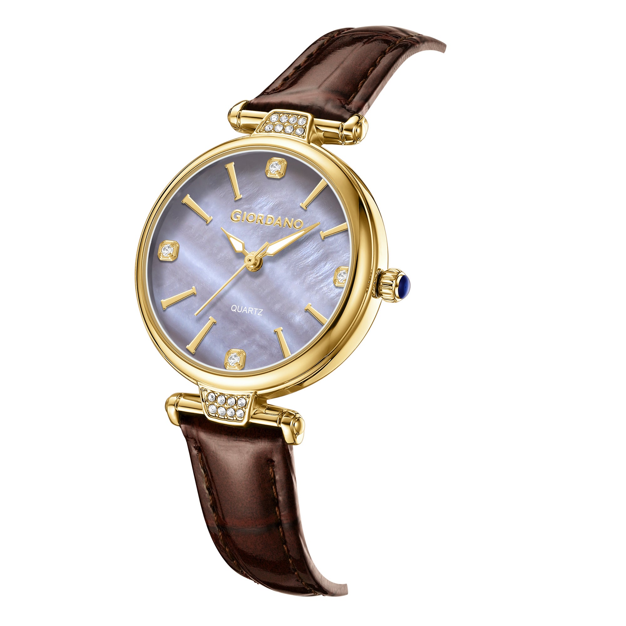 Giordano Analog Quartz Watch for Women with sunray Round Brown Dial, Blue Crown, Luminos hands and Crystal hour markers, Brown Leather Strap - GZ-60161-06