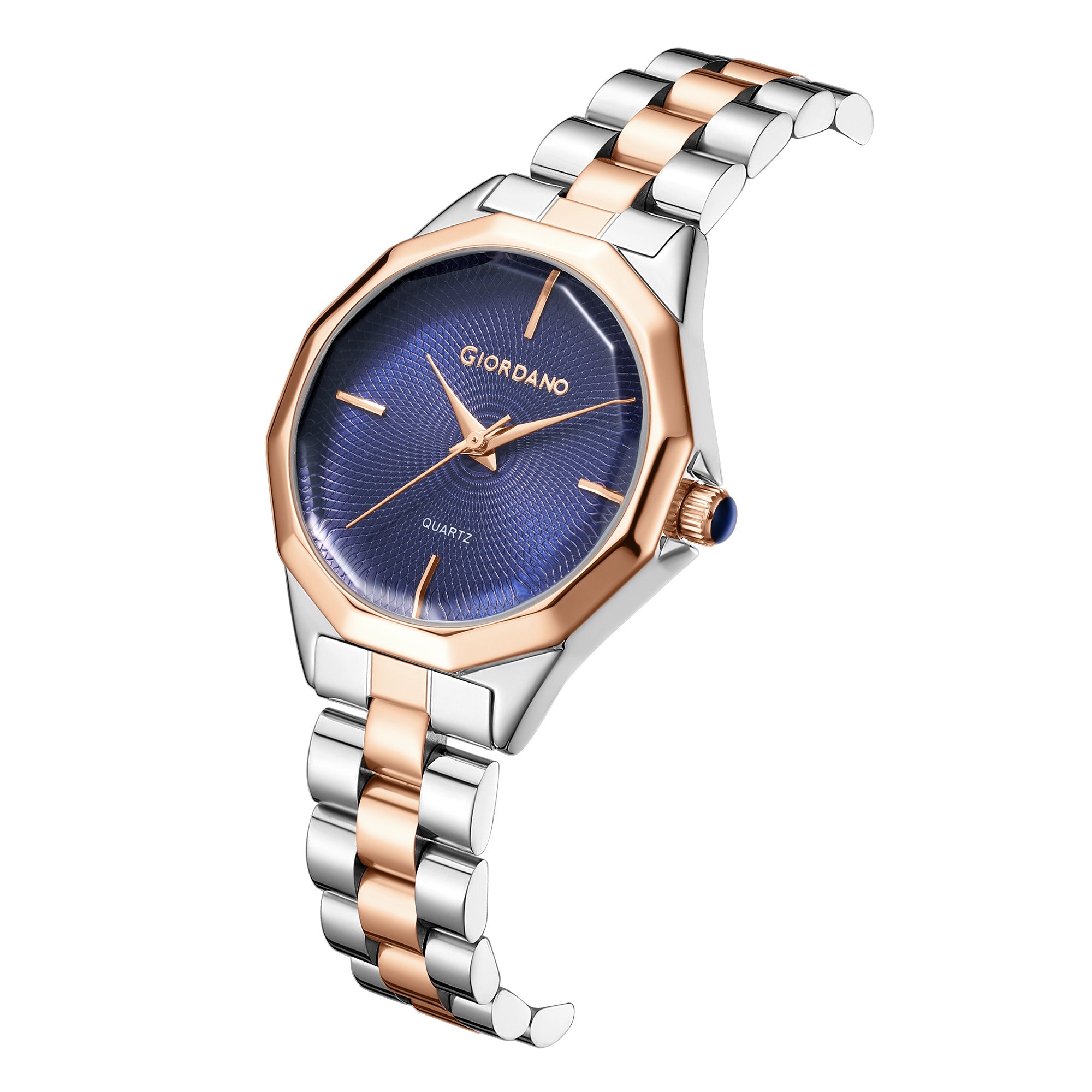 Giordano Analog Quartz Watch for Women with Textured Round Blue Dial, Square Case, Blue Crown, Silver and Rose Gold Stainless Steel Strap - GZ-60158-22