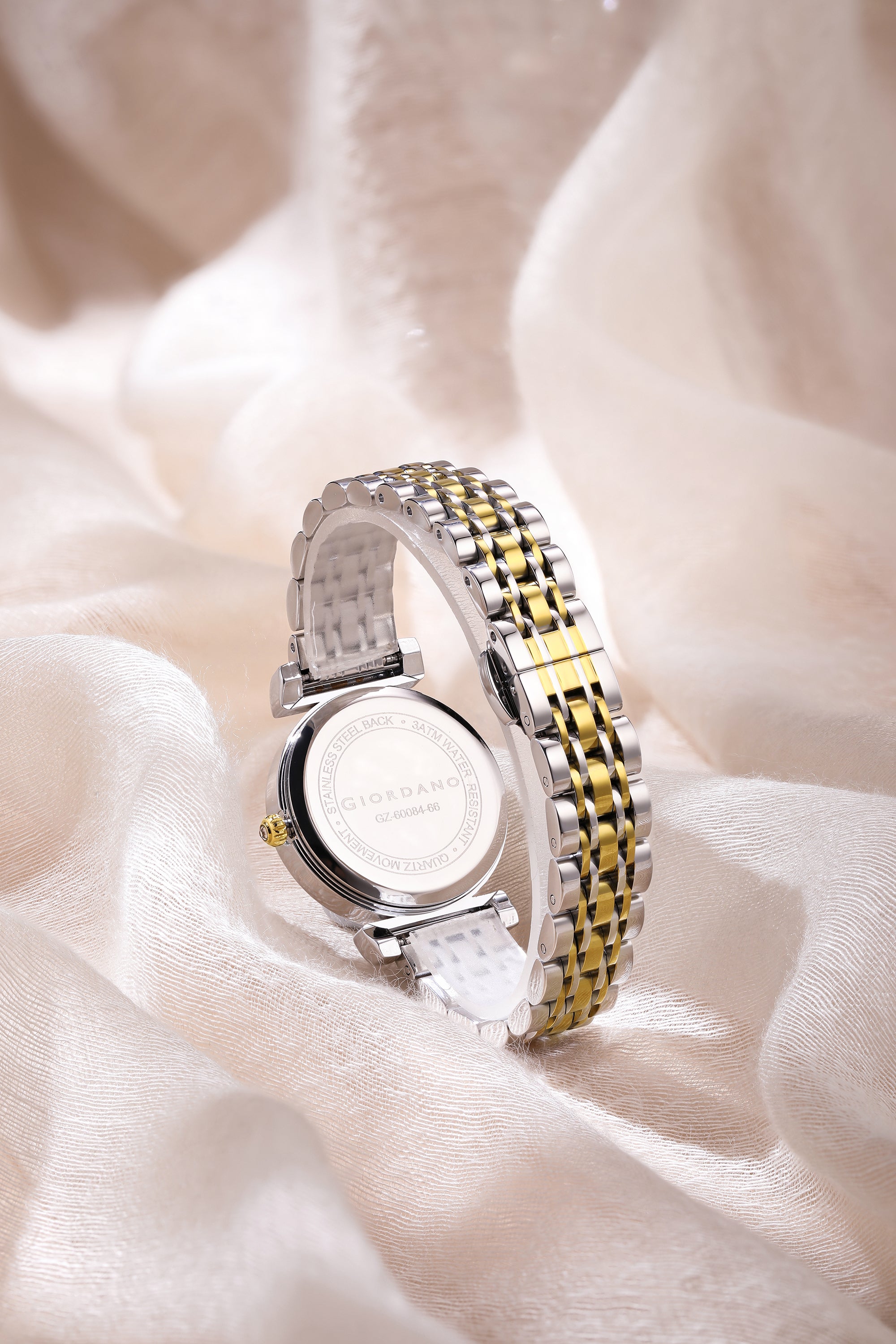 Giordano Analog Quartz Watch for Women with Gold Round Sunray Dial, Crystal Hour Markers, Crystal-Studded Bezel and Gold & Silver Two-Tone Stainless Steel Strap - GZ-60084-66