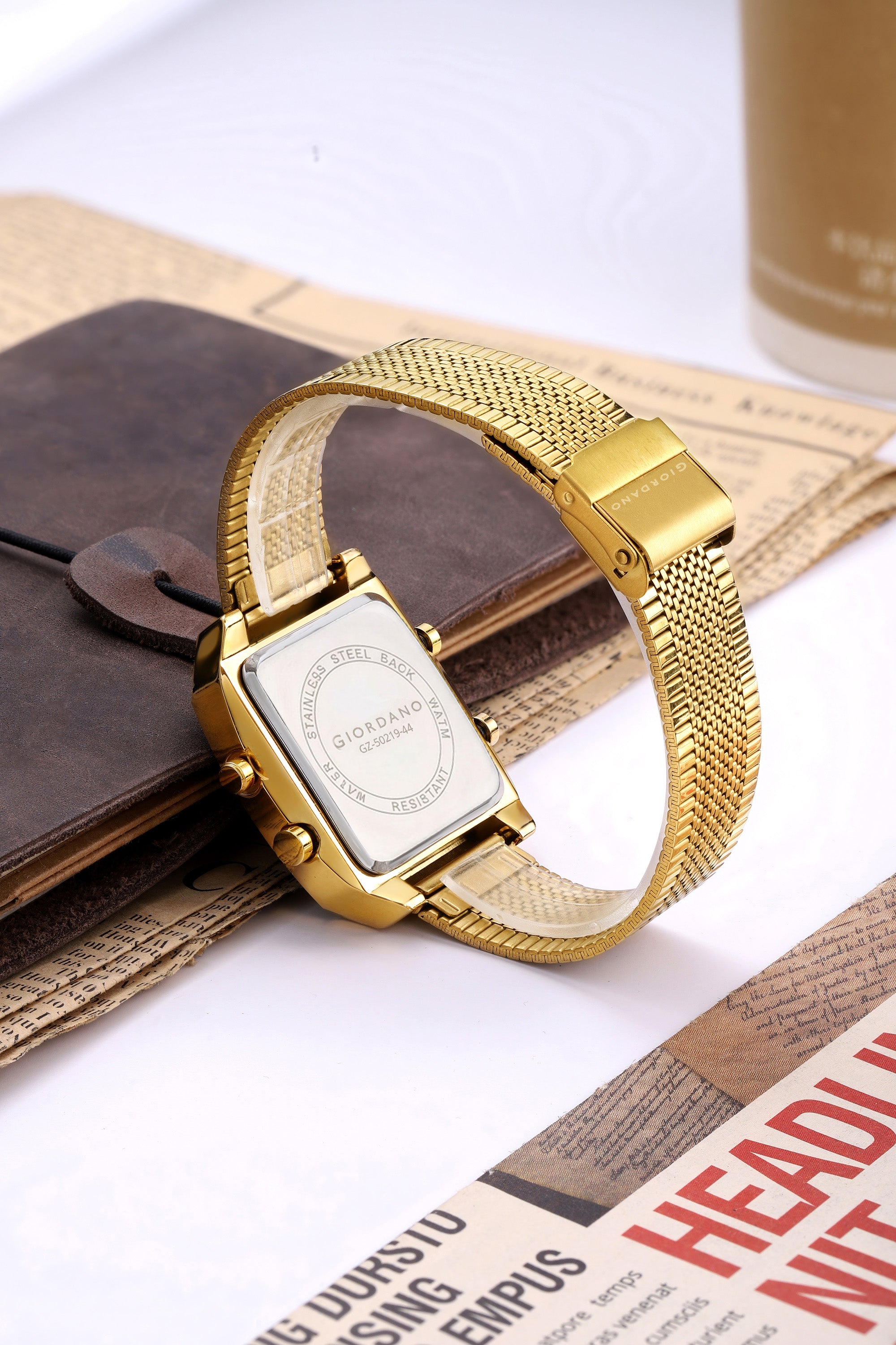 Giordano Analog-Digital Square Watch for Men Dual Time Display, Quartz Movement, Day Display, Textured Dial and Gold Stainless Steel Strap - GZ-50219-44