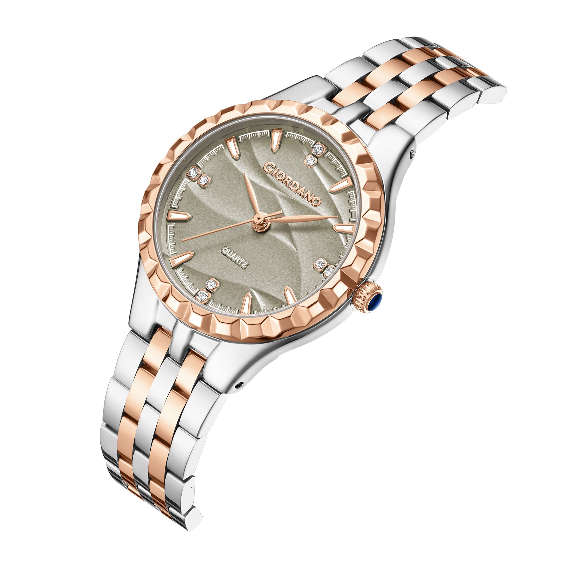 Giordano Analog Quartz Watch for Women with Textured Round Grey Dial, Luminous Hands and Markers, Silver and Rose Gold Stainless Steel Strap - GZ-60164-44
