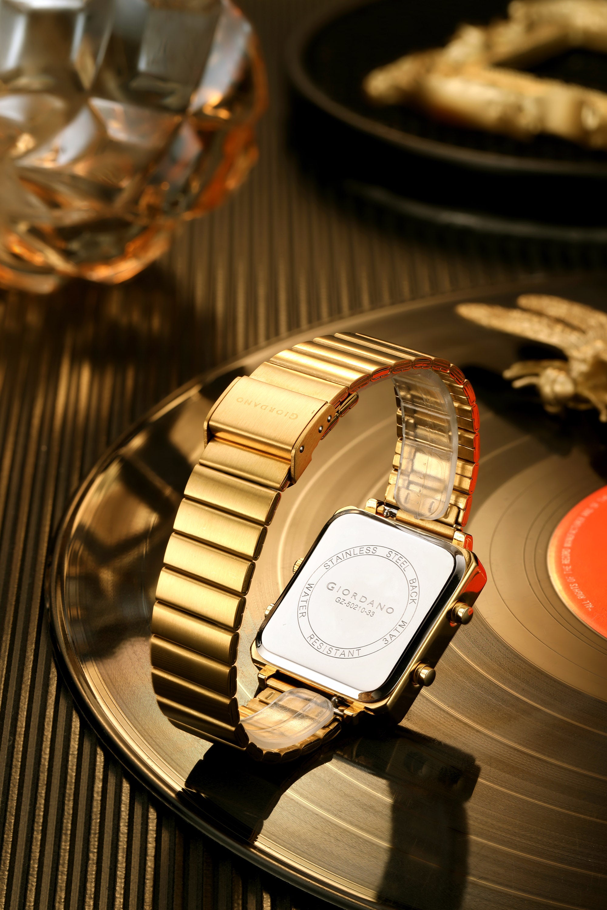 Giordano Analog Digital Watch for Men with Square White Dial, Dual Time Display, Gold Stainless Steel Strap - GZ-50210-33
