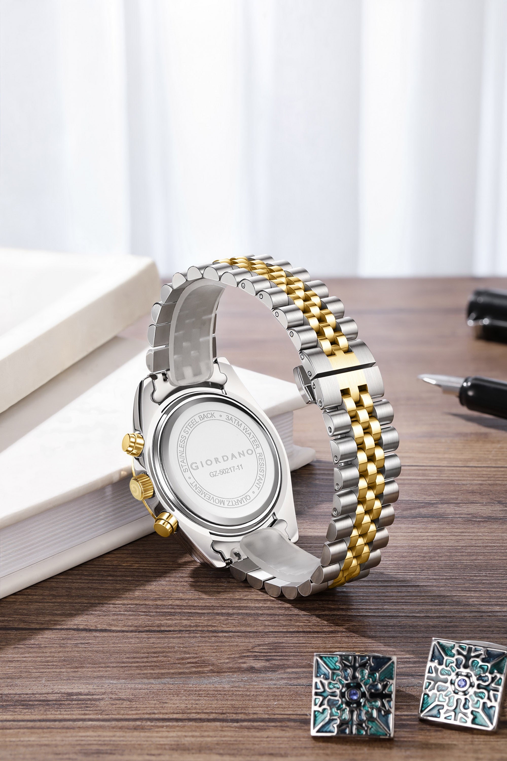 Giordano Chronograph Analog Quartz Watch for Men with Round Black Dial, Roman indices, Date Function, Luminos hands and Markers, Silver and Gold Stainless Steel Strap - GZ-50217-11
