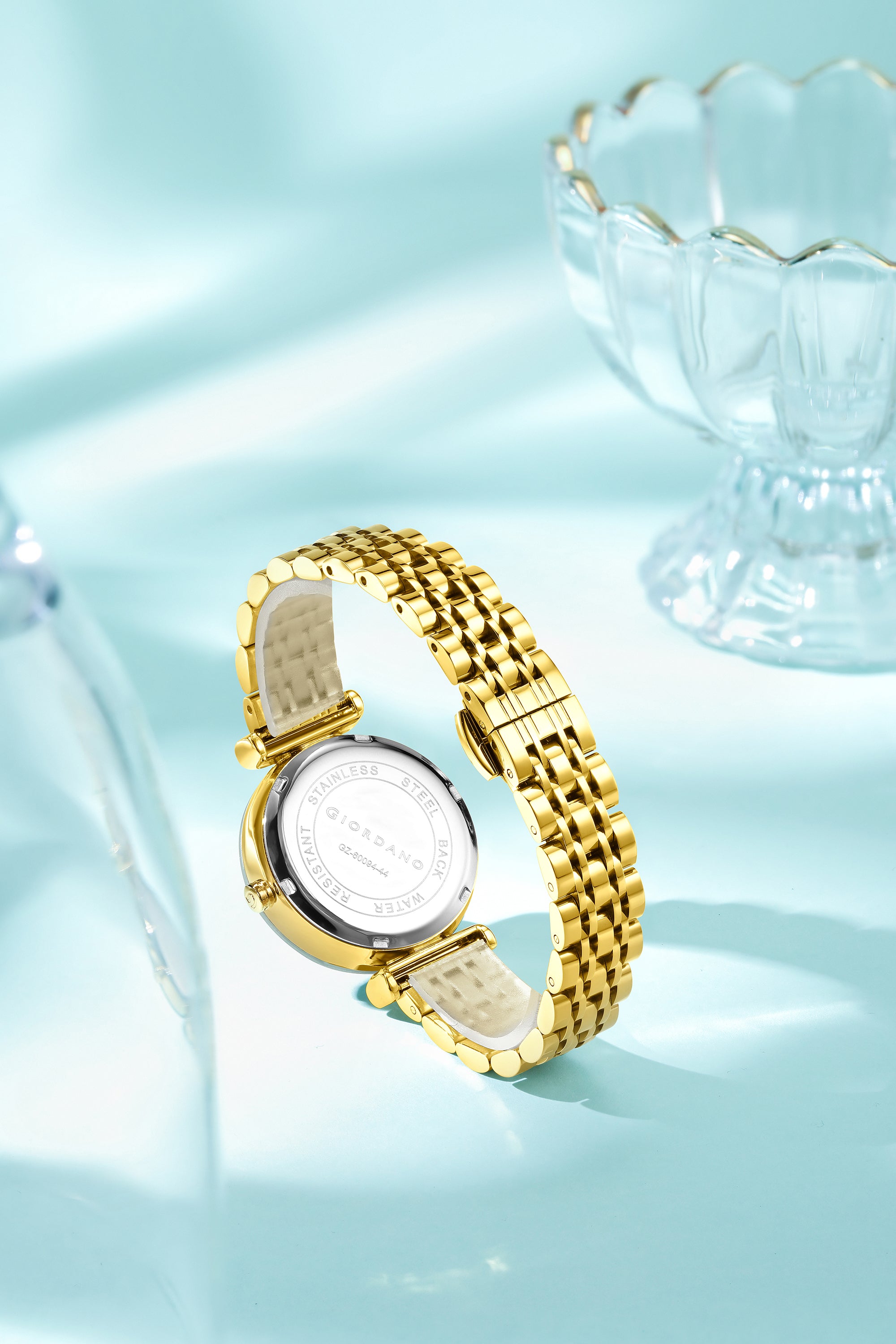 Giordano Analog Quartz Watch for Women with Green Round Sunray Dial, Moonphase Display, Diamond Studded Hour Markers and Gold Stainless Steel Bracelet - GZ-60094-44