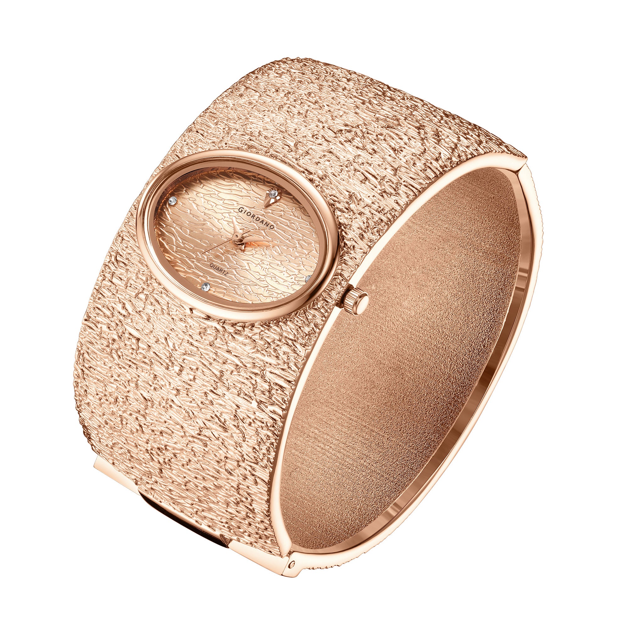 Giordano Analog Quartz Watch for Women with Oval Rose Gold Textured Dial, Crystal Hour Markers, Stainless Steel Bangle Strap - GZ-60171-33