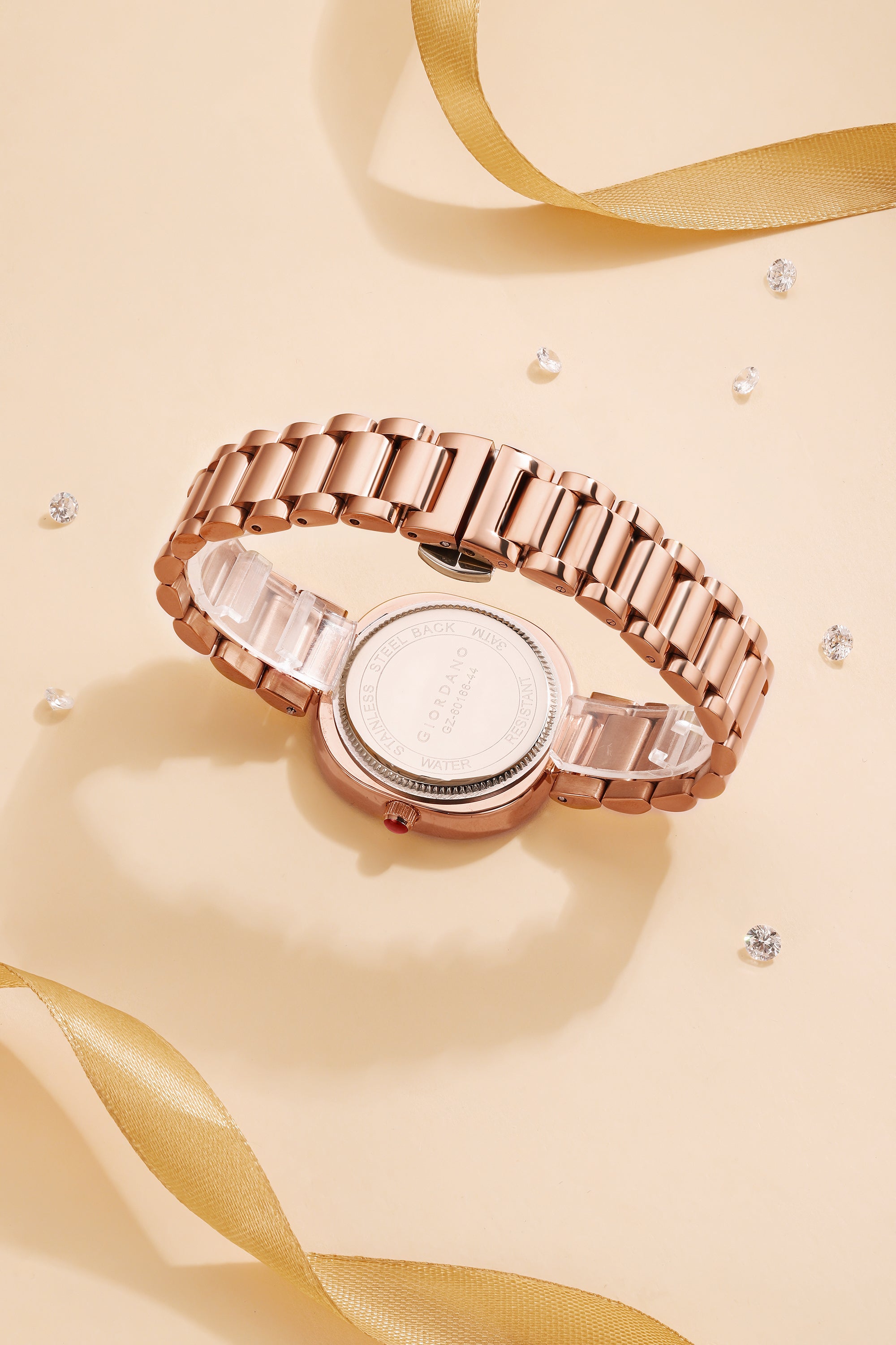 Giordano Analog Quartz Watch for Women with Bangle Square Rose Gold Dial, Blue Crown, Crystal Studded Hour Markers and Bezel, Rose Gold Stainless Steel Strap - GZ-60166-44