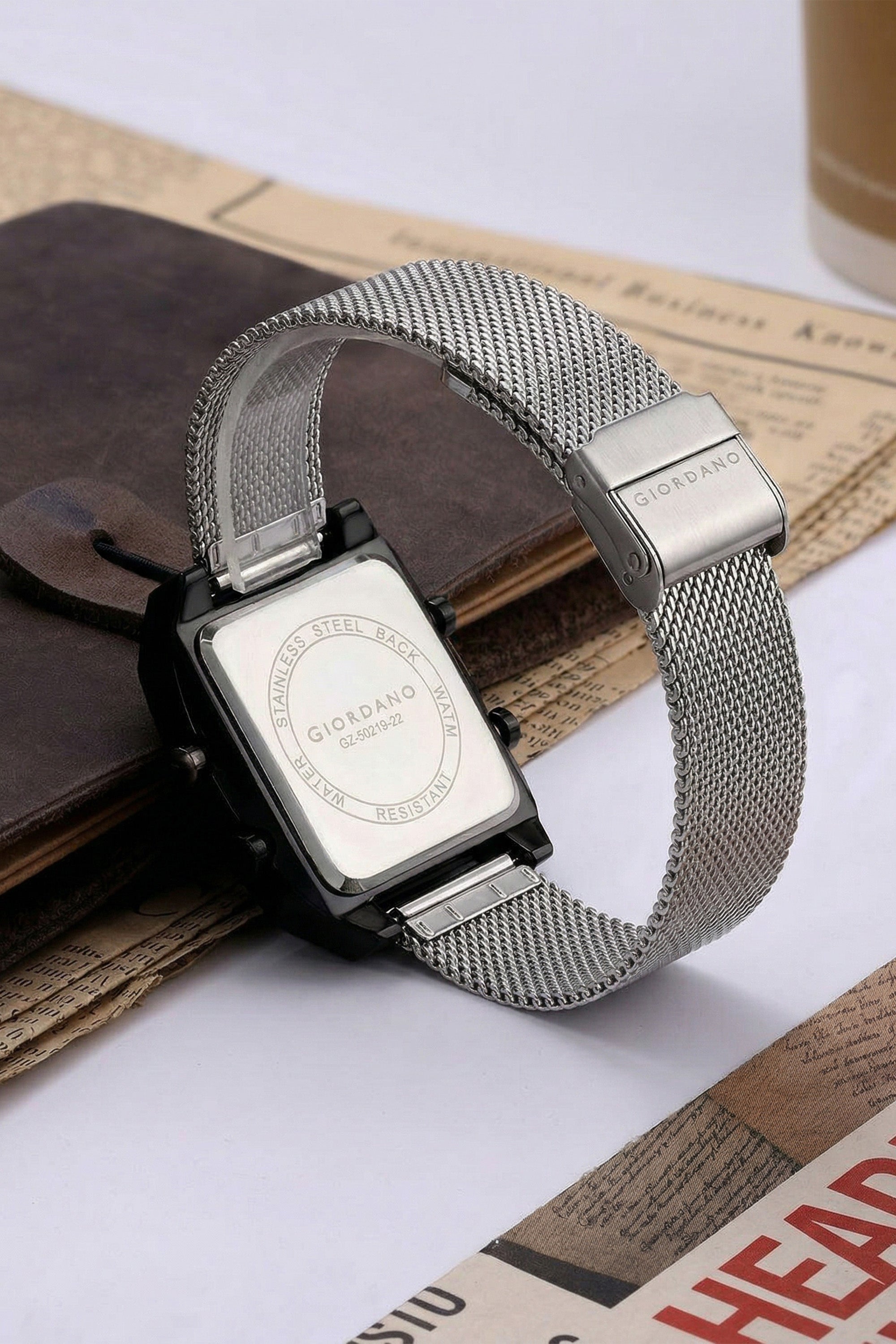 Giordano Analog-Digital Square Watch for Men Dual Time Display, Quartz Movement, Day Display, Textured Dial and Black Stainless Steel Strap - GZ-50219-22