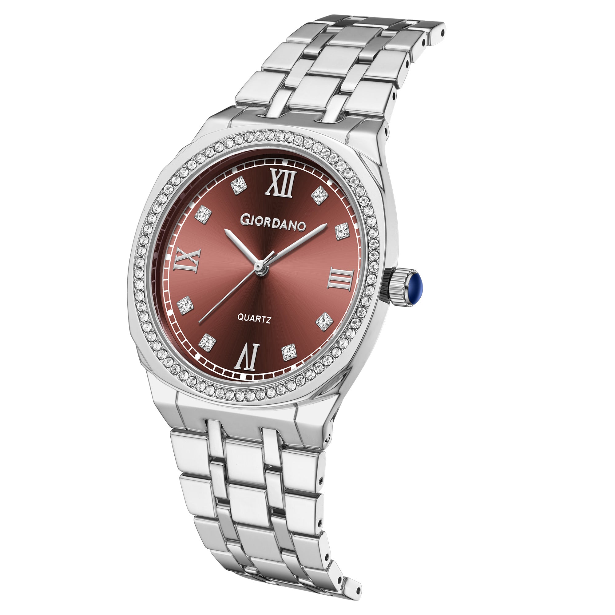 Giordano Analog Quartz Watch for Men with Round Brown Dial, Roman Indices, Blue Crown, Crystal Studded Hour Markers and Bezel, Silver Stainless Steel Strap - GZ-50216-22