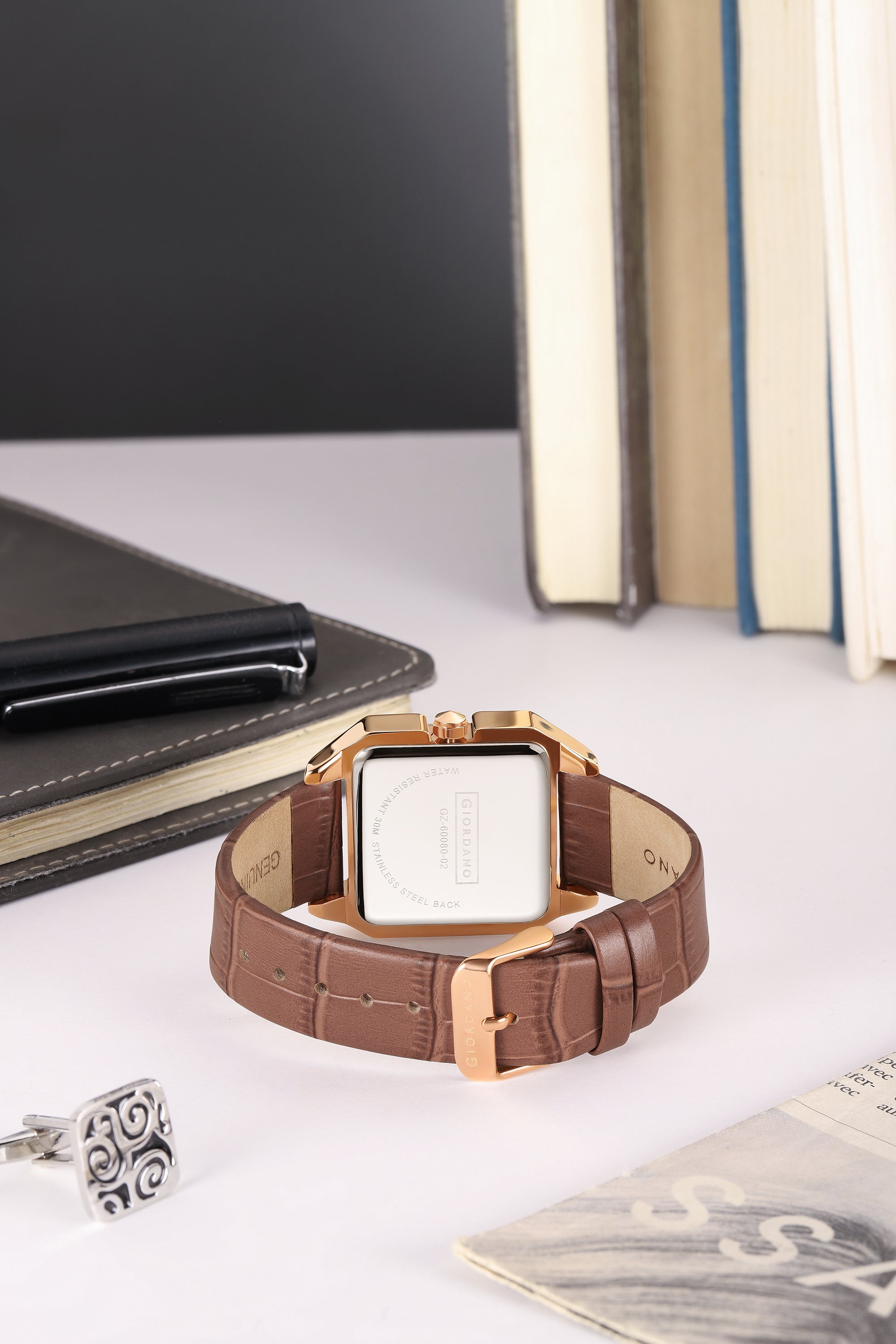 Giordano Vintage Square Watch for Women with Classic Roman Indices and Leather Strap - GZ-60080-02
