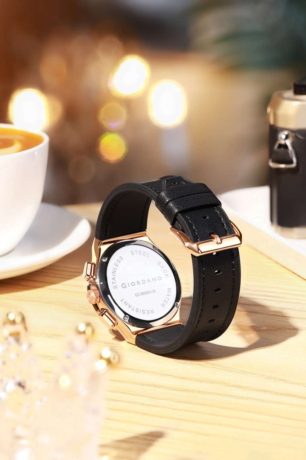 Giordano analog Watch for Women  – Round Dial,  Leather Strap, Crystal-Studded Bezel with Quartz Movement-GZ-60093-06