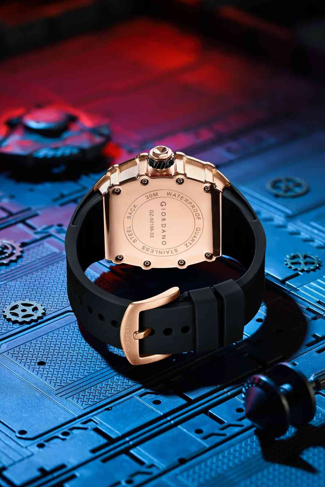 Giordano Analog Skeleton Dial Watch for Men – Tonneau Case, Silicone Strap, Open-Gear Sport Design, Quartz Movement - GZ-50188-33
