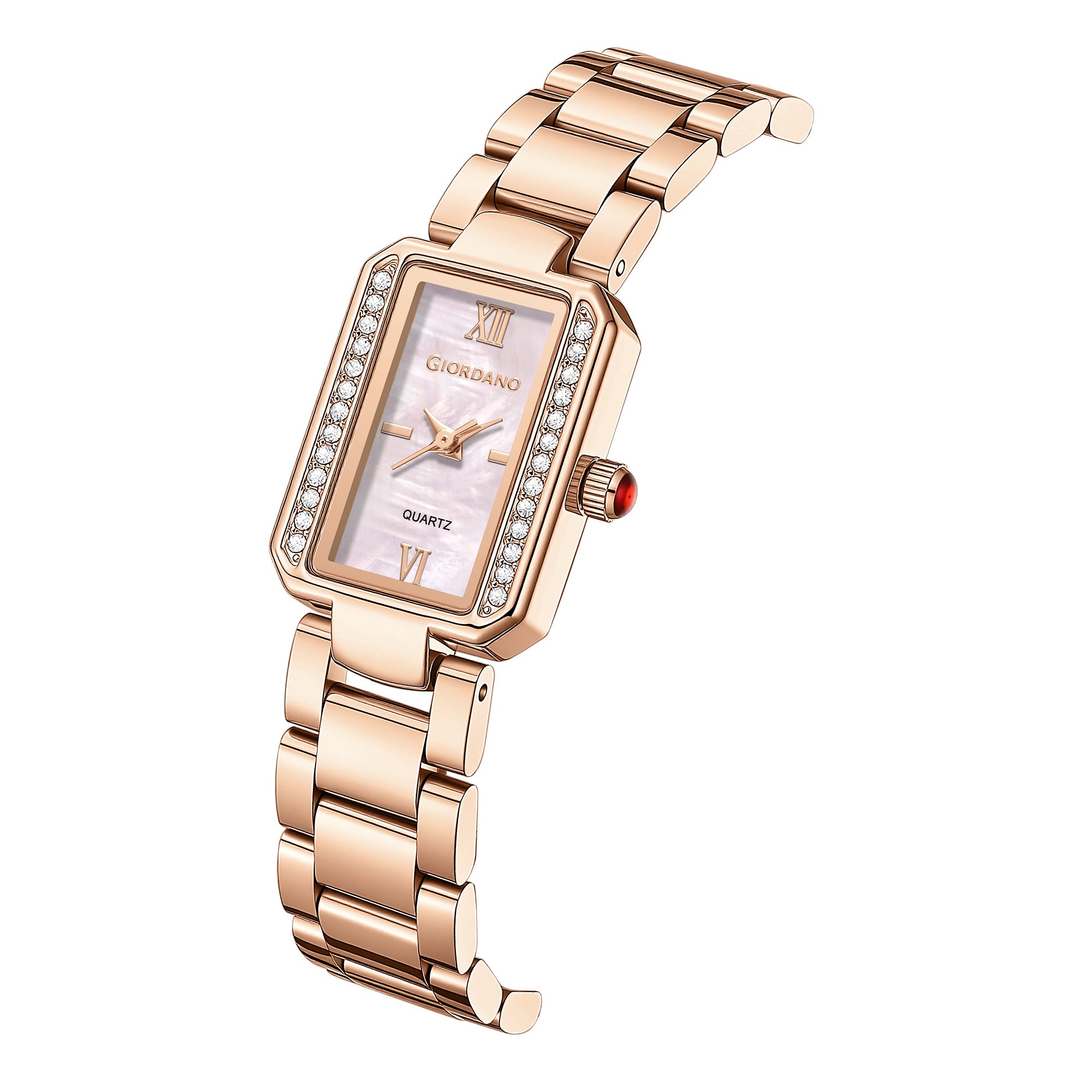 Giordano Analog Quartz Watch for Women with sunray Rectangle Rose Gold Dial, Roman indices, Crystal studded bezel, Blue Crown, Rose Gold Stainless Steel Strap - GZ-60167-44