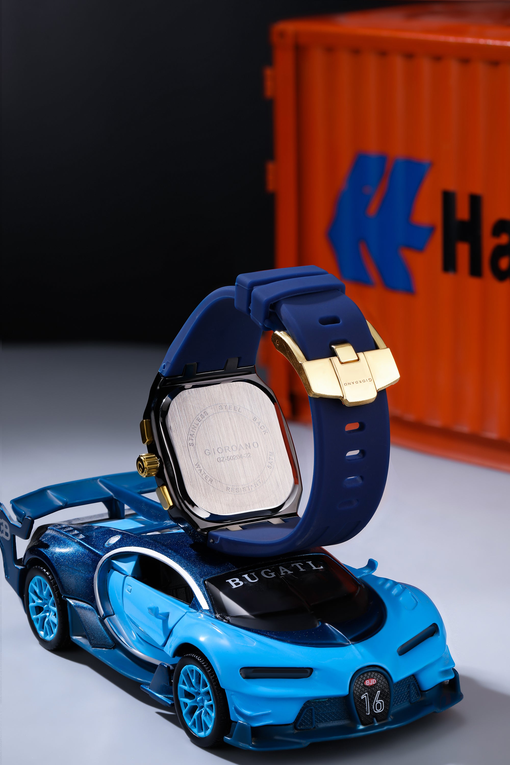 Giordano Analog Watch for Men with Chronograph Subdials, Black Square Case, Date Display, Quartz Movement, Blue Silicone Strap GZ-50204-22