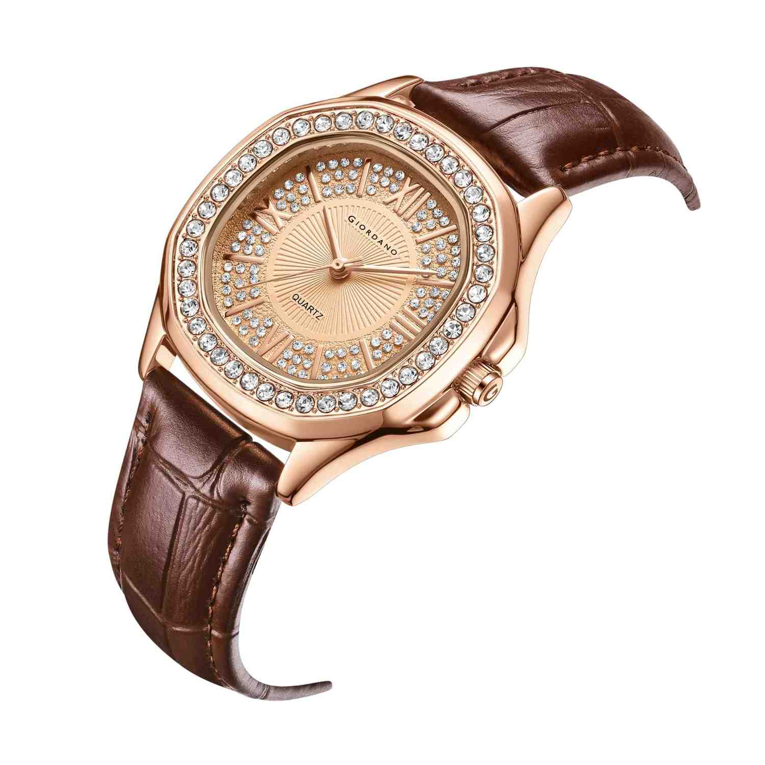 Giordano Luxury Analog Watch for Women with Crystal-Studded Bezel & Leather Strap – Octagonal Case, Elegant Quartz Wristwatch GZ-60141-22