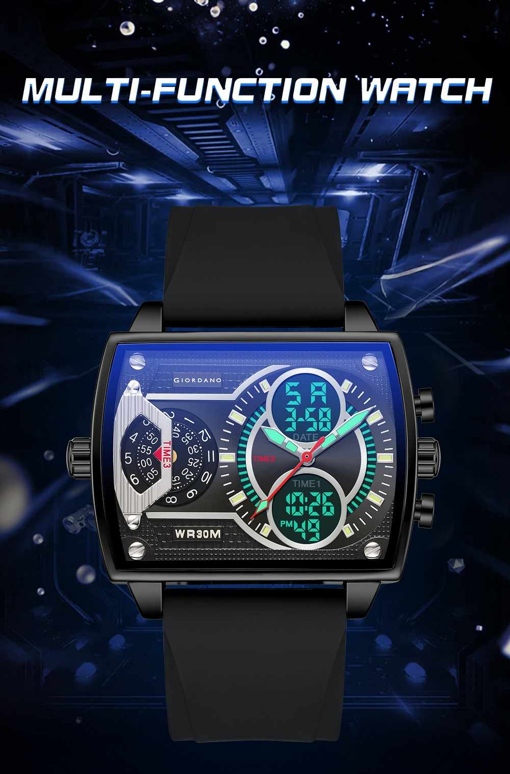 Giordano Square Hybrid Analog-Digital Watch for Men – Triple Time Zone Display with Quartz Precision & Durable Sport Grade Silicone Strap GZ-50161-01