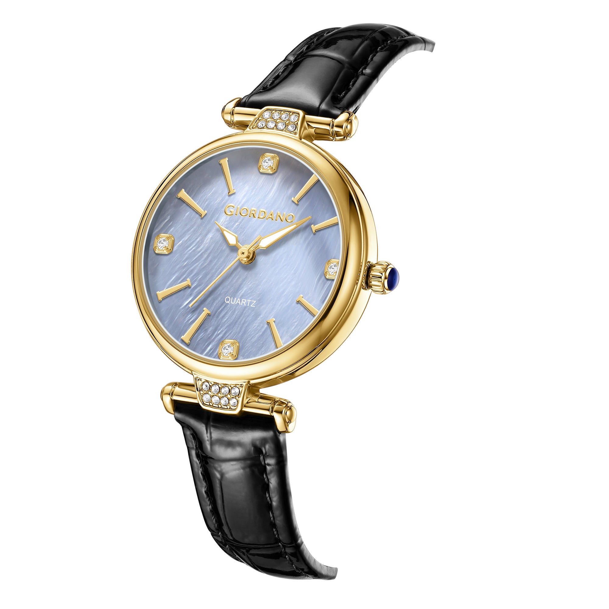 Giordano Analog Quartz Watch for Women with sunray Round Gold Dial, Blue Crown, Luminos hands and Crystal hour markers, Black Leather Strap - GZ-60161-02