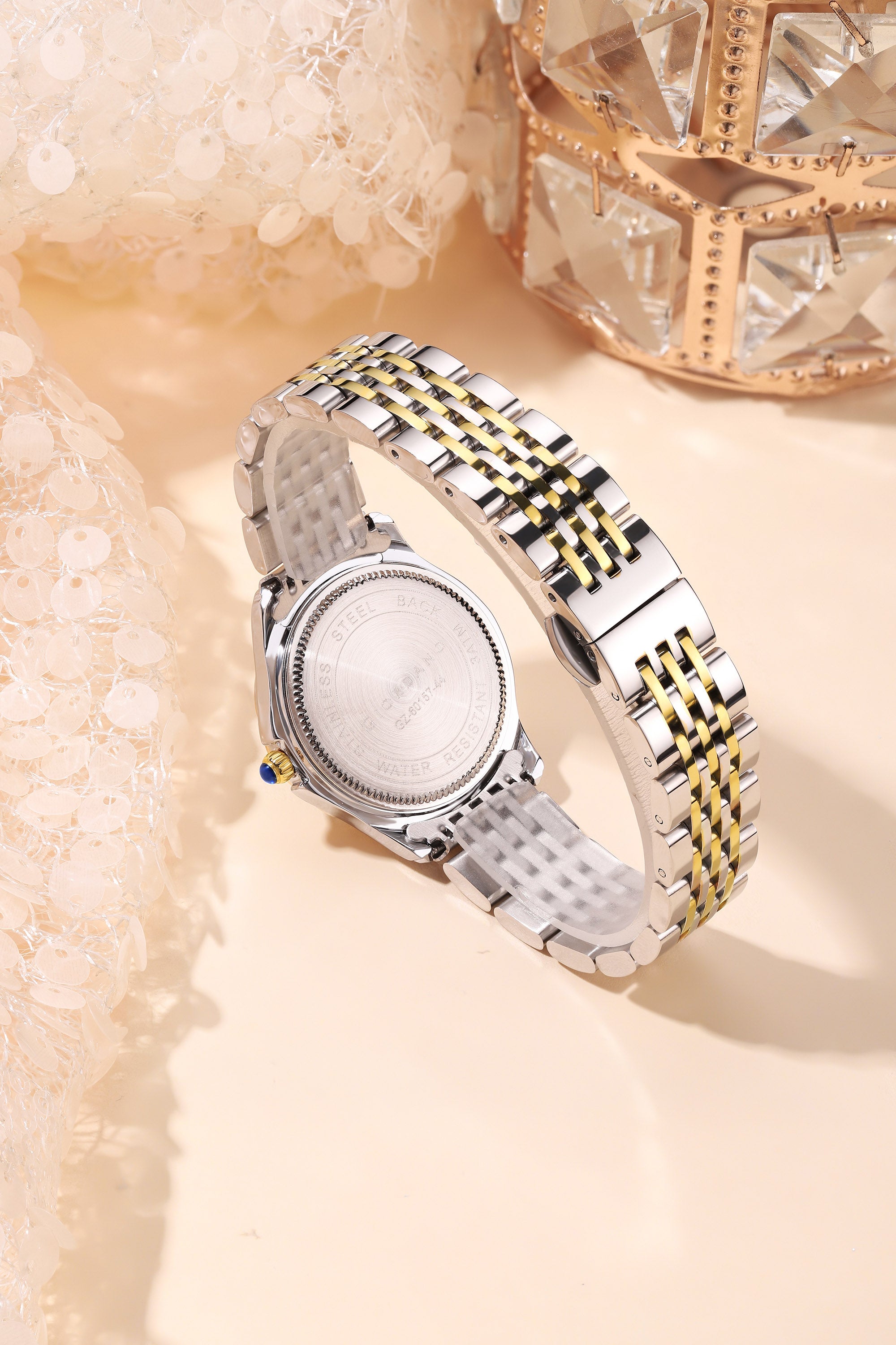 Giordano Analog Quartz Watch for Women with Textured Round Blue Dial, Flower shape case, Blue Crown, Crystal studded hour markers and bezel, Silver and Gold Stainless Steel Strap - GZ-60157-44
