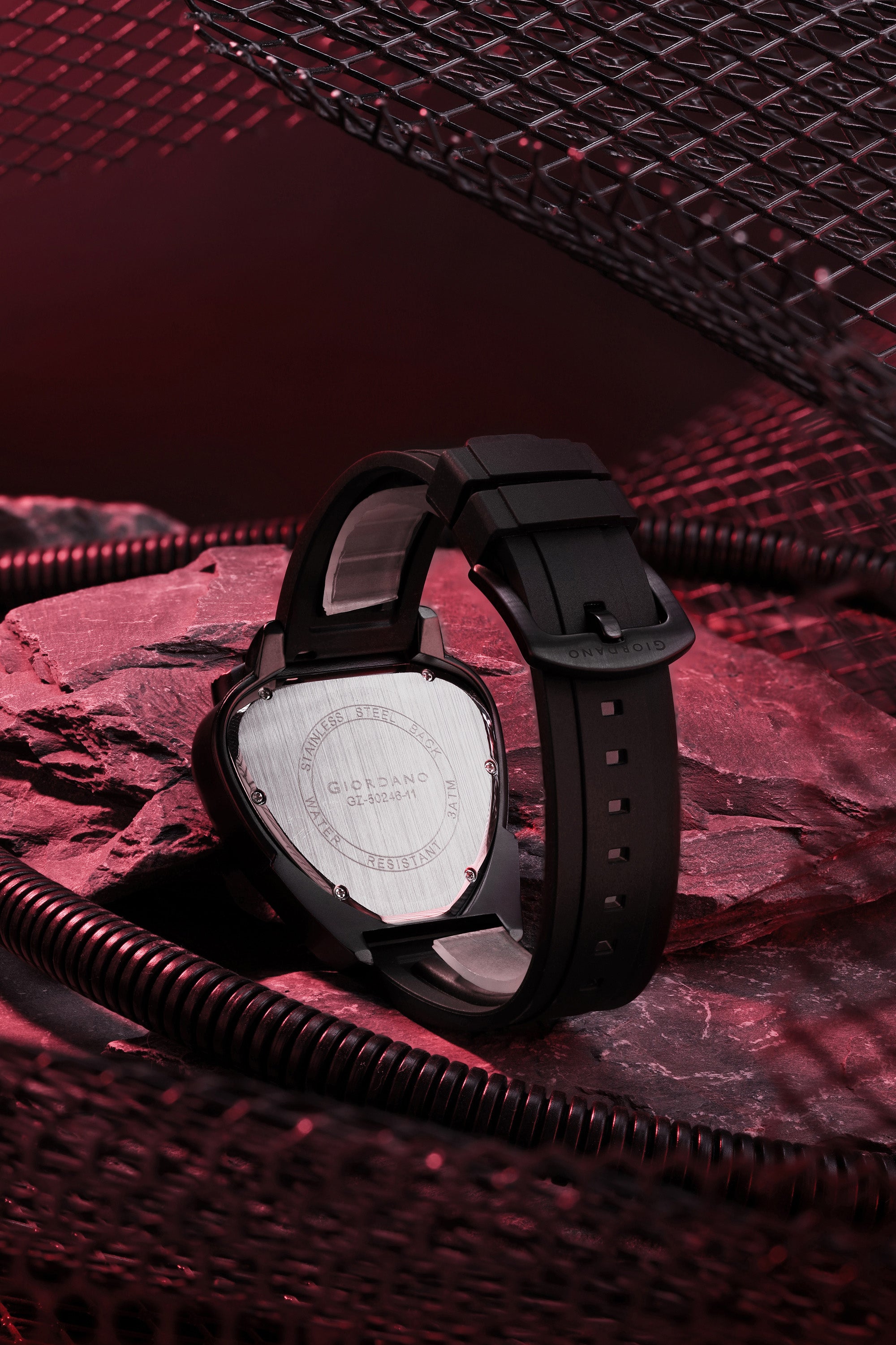 Giordano Analog Quartz Watch for Men with Black/Red Triangular Dial, Three Sub-Dials, Arabic Numerals & Baton Hour Markers and Black Silicone Strap - GZ-50246-01