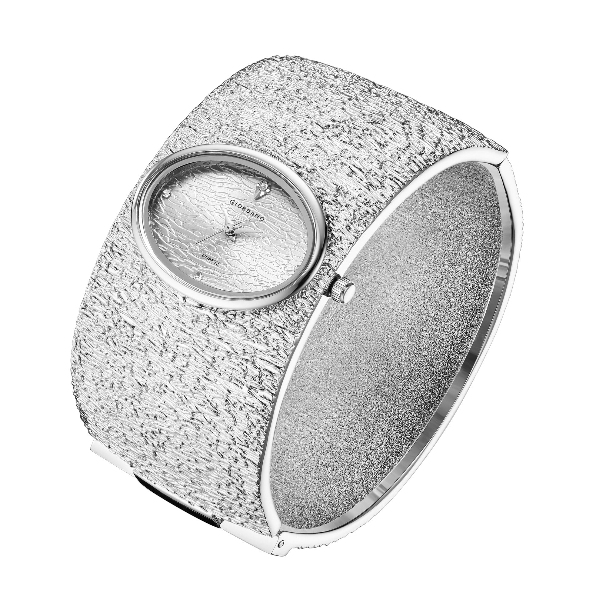 Giordano Analog Quartz Watch for Women with Oval Silver Textured Dial, Crystal Hour Markers, Stainless Steel Bangle Strap - GZ-60171-11