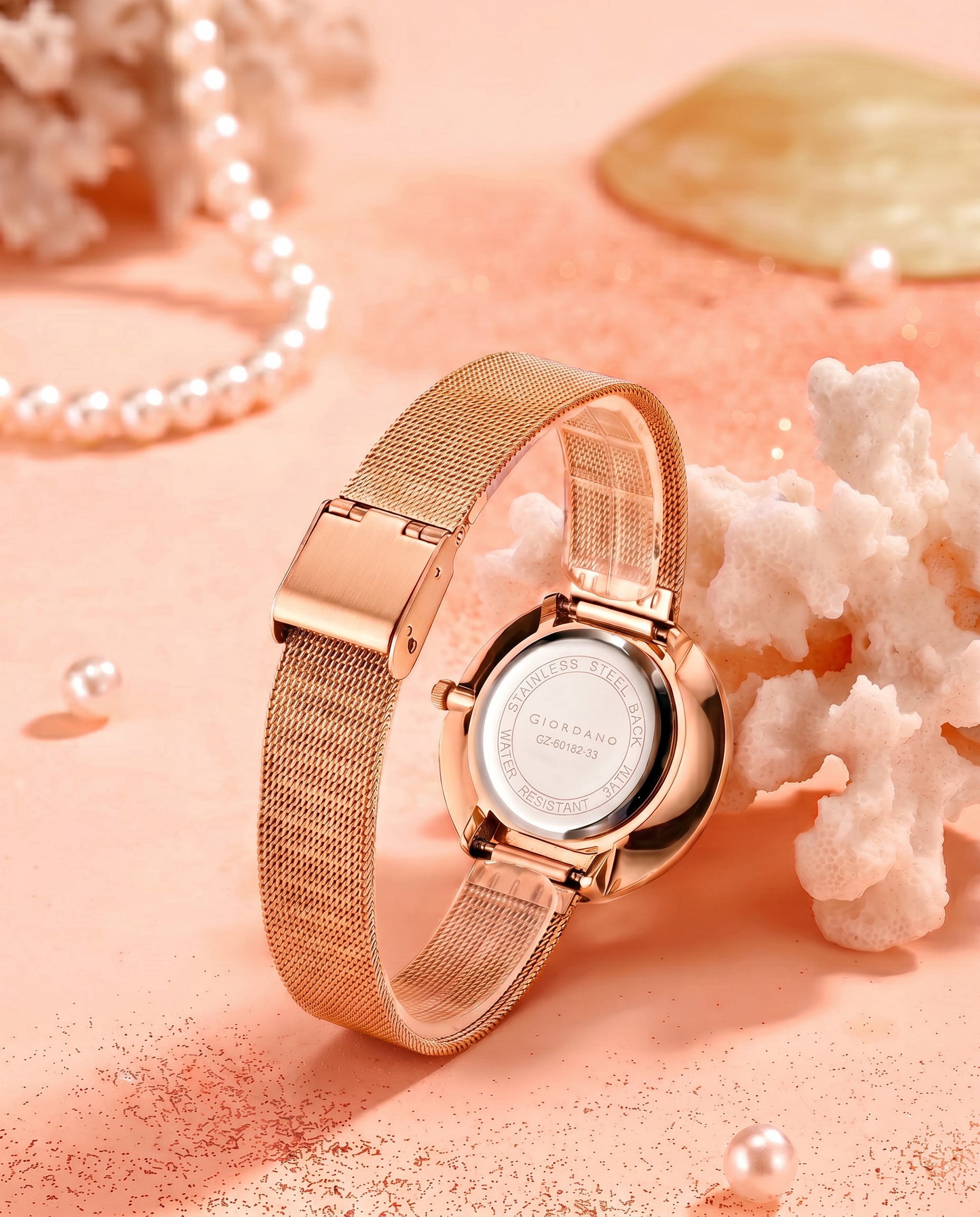Giordano Primessa Analog Watch for Women with Round Silver Dial, Crystal Accented Bezel, Hour Markers, Quartz Movement and Rose Gold Stainless Steel Mesh Strap - GZ-60182-33