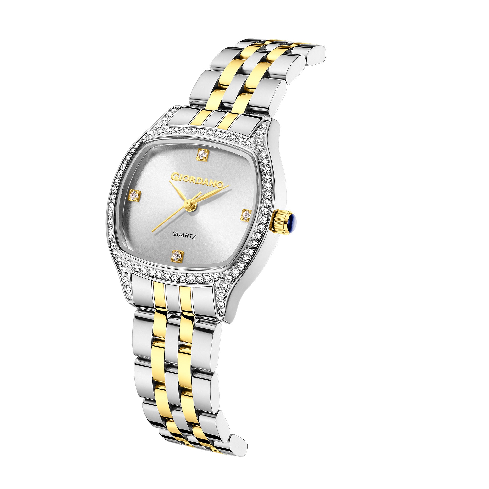 Giordano Analog Quartz Watch for Women with Square White Dial, Blue Crown, Crystal Studded Hour Markers and Bezel, Silver and Gold Stainless Steel Strap - GZ-60163-11
