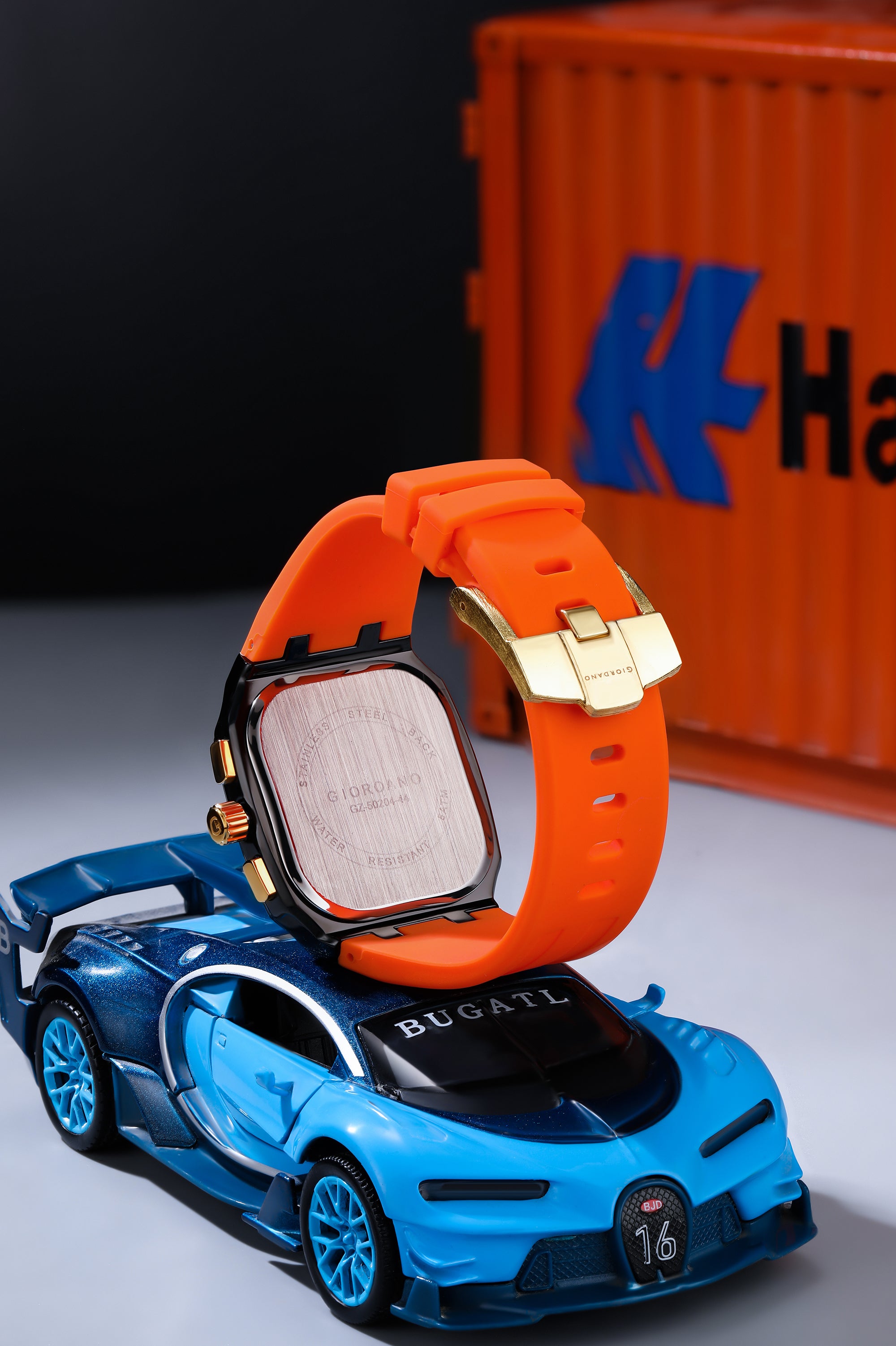 Giordano Analog Watch for Men with Chronograph Subdials, Black Square Case, Date Display, Quartz Movement, Orange Silicone Strap GZ-50204-44