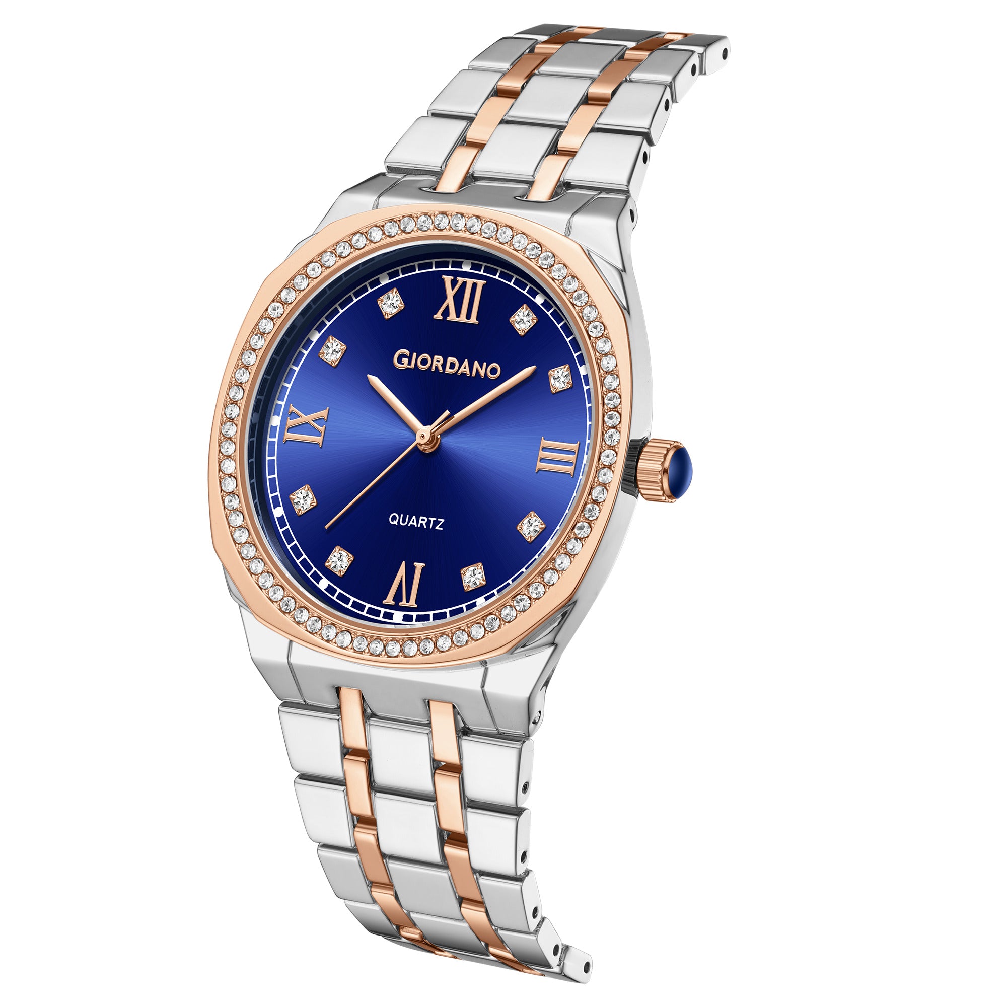 Giordano Analog Quartz Watch for Men with Round Blue Dial, Roman Indices, Blue Crown, Crystal Studded Hour Markers and Bezel, Silver and Rose Gold Stainless Steel Strap - GZ-50216-44