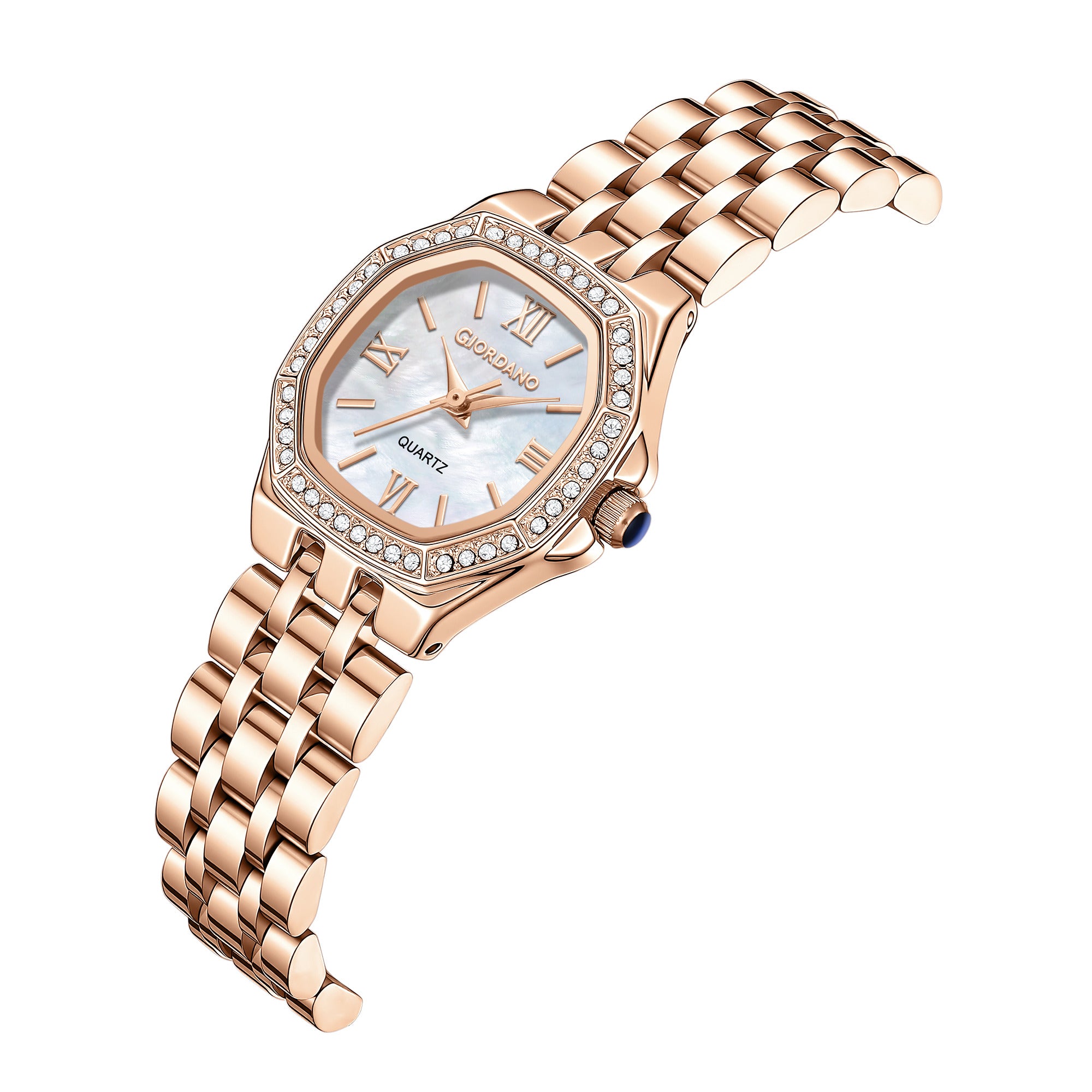Giordano Analog Watch for Women with White Dial, Crystal Studded Bezel, Roman Indices & Stainless Steel Strap GZ-60162-77