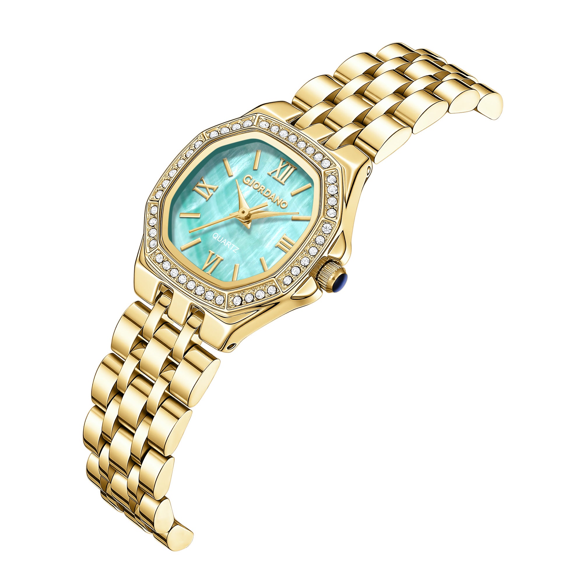 Giordano Analog Watch for Women with Green Dial, Crystal Studded Bezel, Roman Indices & Stainless Steel Strap GZ-60162-33
