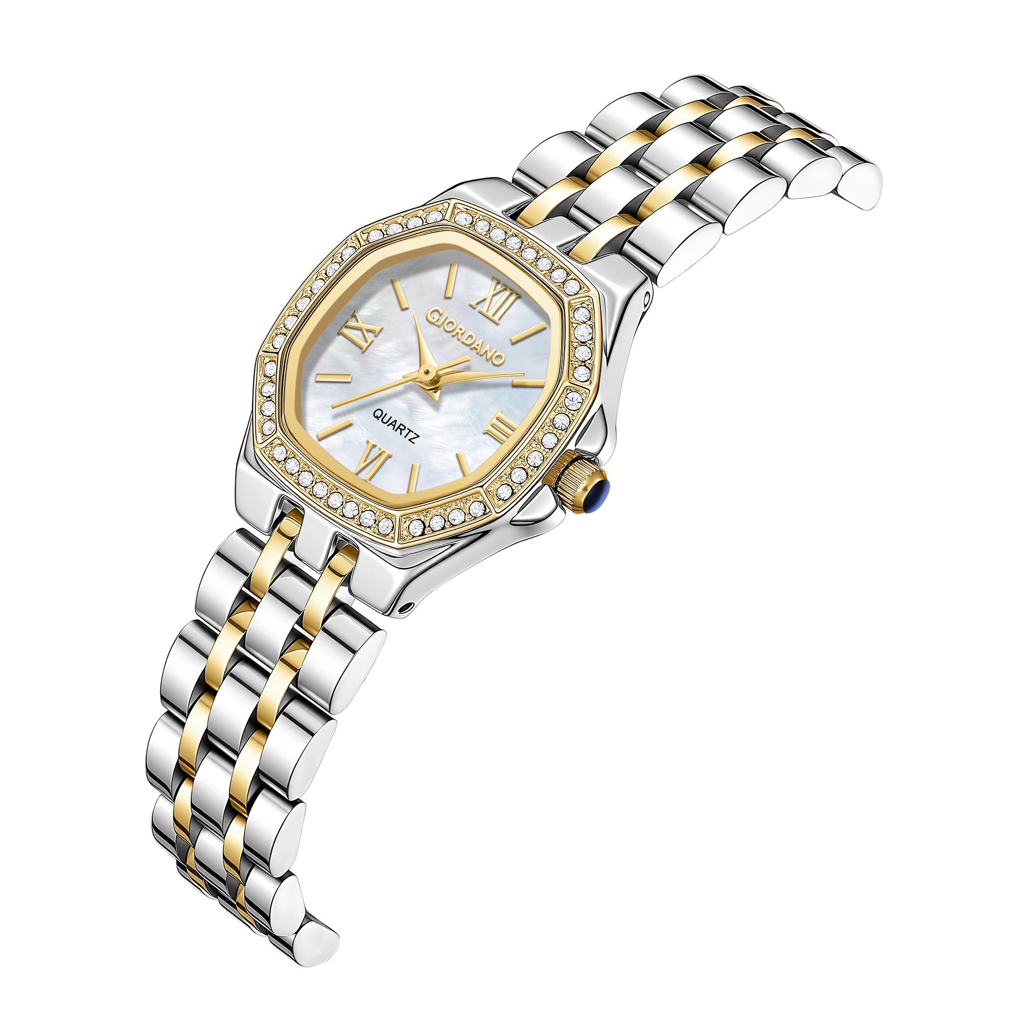 Giordano Analog Watch for Women with Silver Dial, Crystal Studded Bezel, Roman Indices & Stainless Steel Strap GZ-60162-44