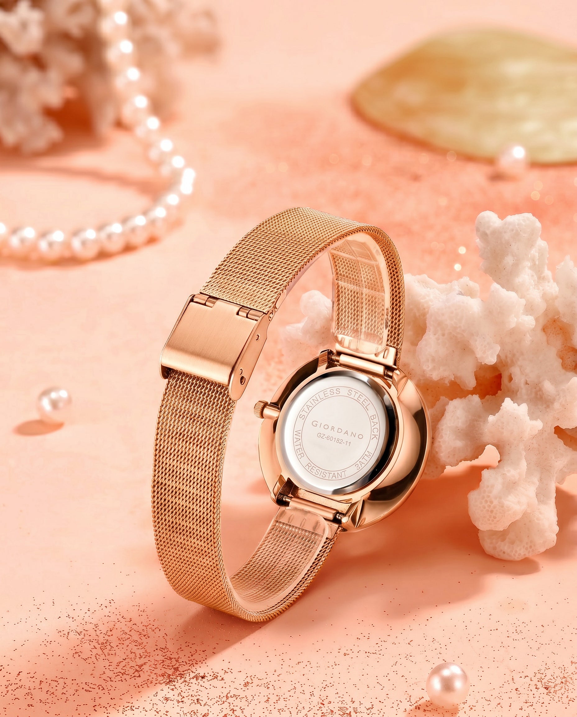 Giordano Primessa Analog Watch for Women with Round Rose Gold Dial, Crystal Accented Bezel, Hour Markers, Quartz Movement and Rose Gold Stainless Steel Mesh Strap - GZ-60182-11