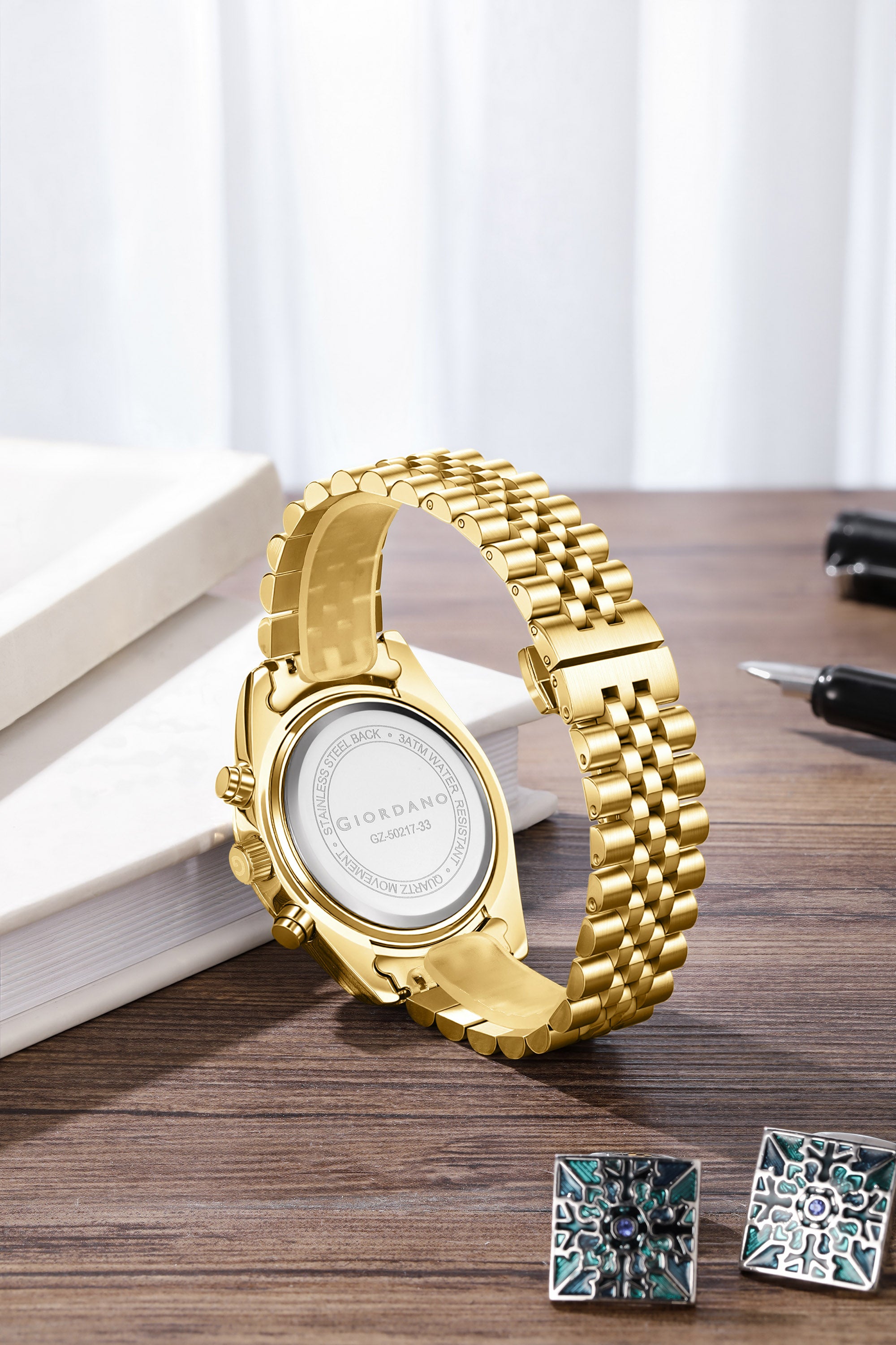Giordano Chronograph Analog Quartz Watch for Men with Round Green Dial, Roman indices, Date Function, Luminos hands and Markers, Gold Stainless Steel Strap - GZ-50217-33