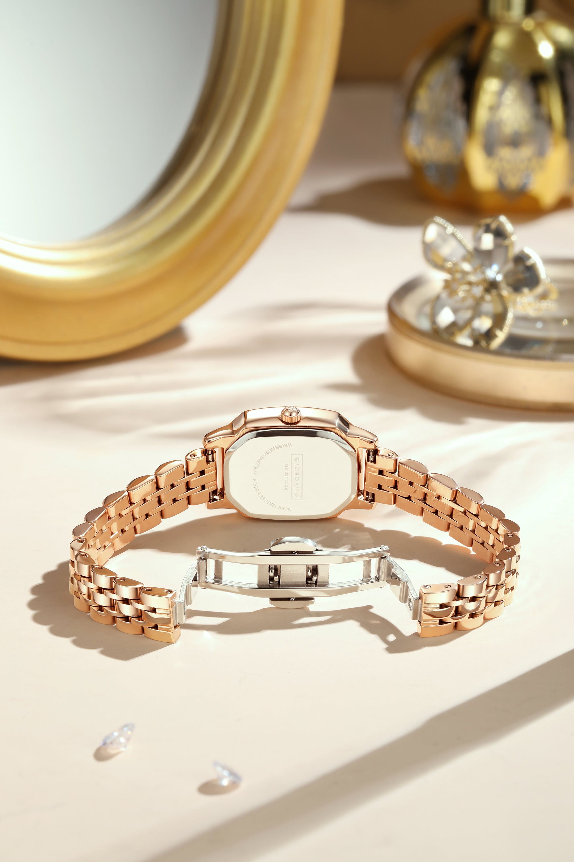Giordano Elegant Analog Watch for Women – Classic octagonal Dial, diamond bezel and rose gold stainless steel strap | GZ-60114-44