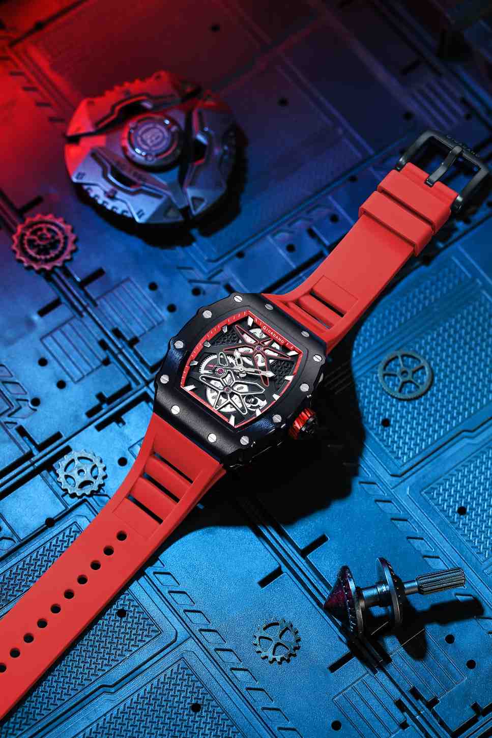 Giordano Analog Skeleton Dial Watch for Men – Tonneau Case, Silicone Strap, Open-Gear Sport Design, Quartz Movement - GZ-50188-66
