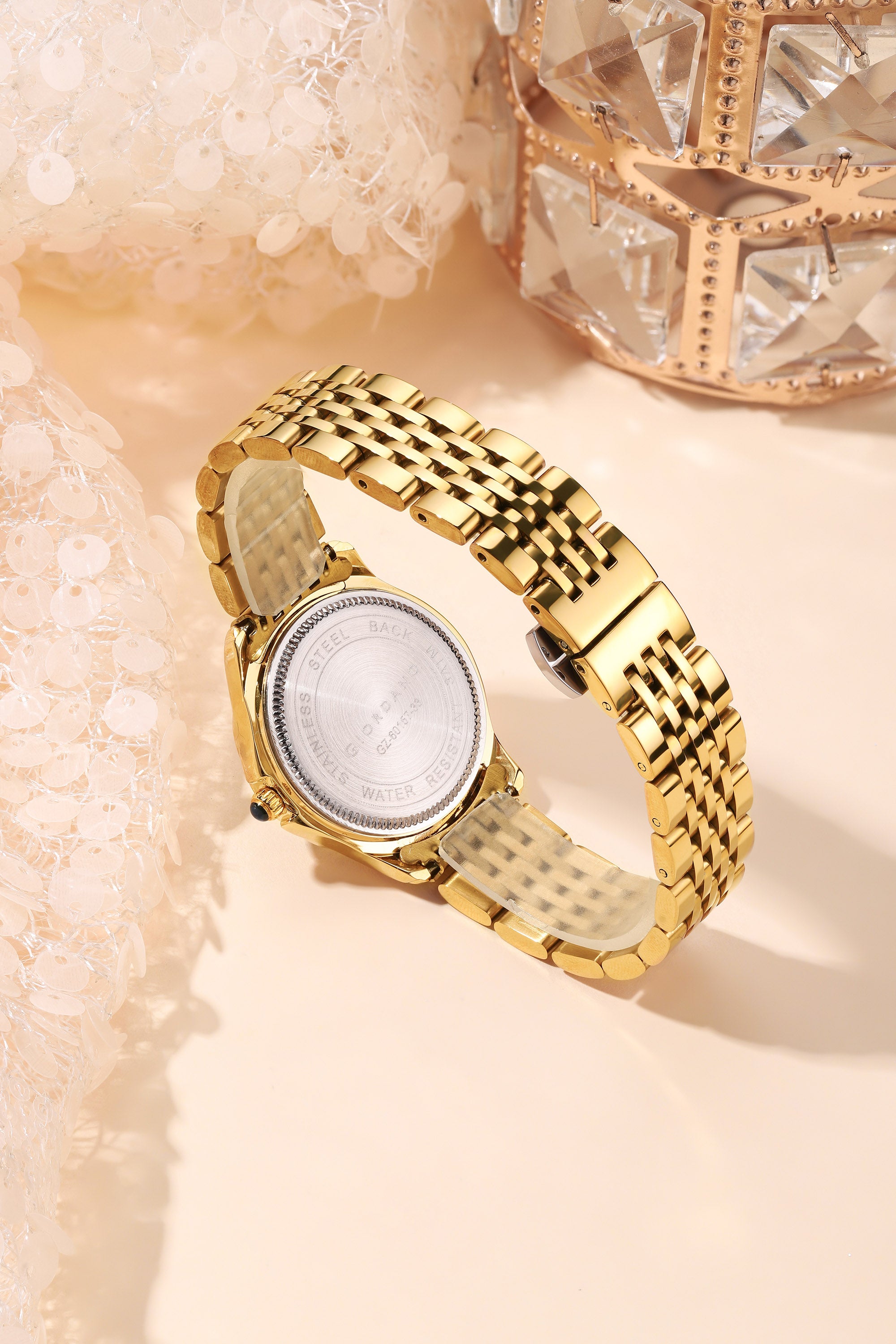 Giordano Analog Quartz Watch for Women with Textured Round Green Dial, Flower shape case, Blue Crown, Crystal studded hour markers and bezel, Gold Stainless Steel Strap - GZ-60157-33