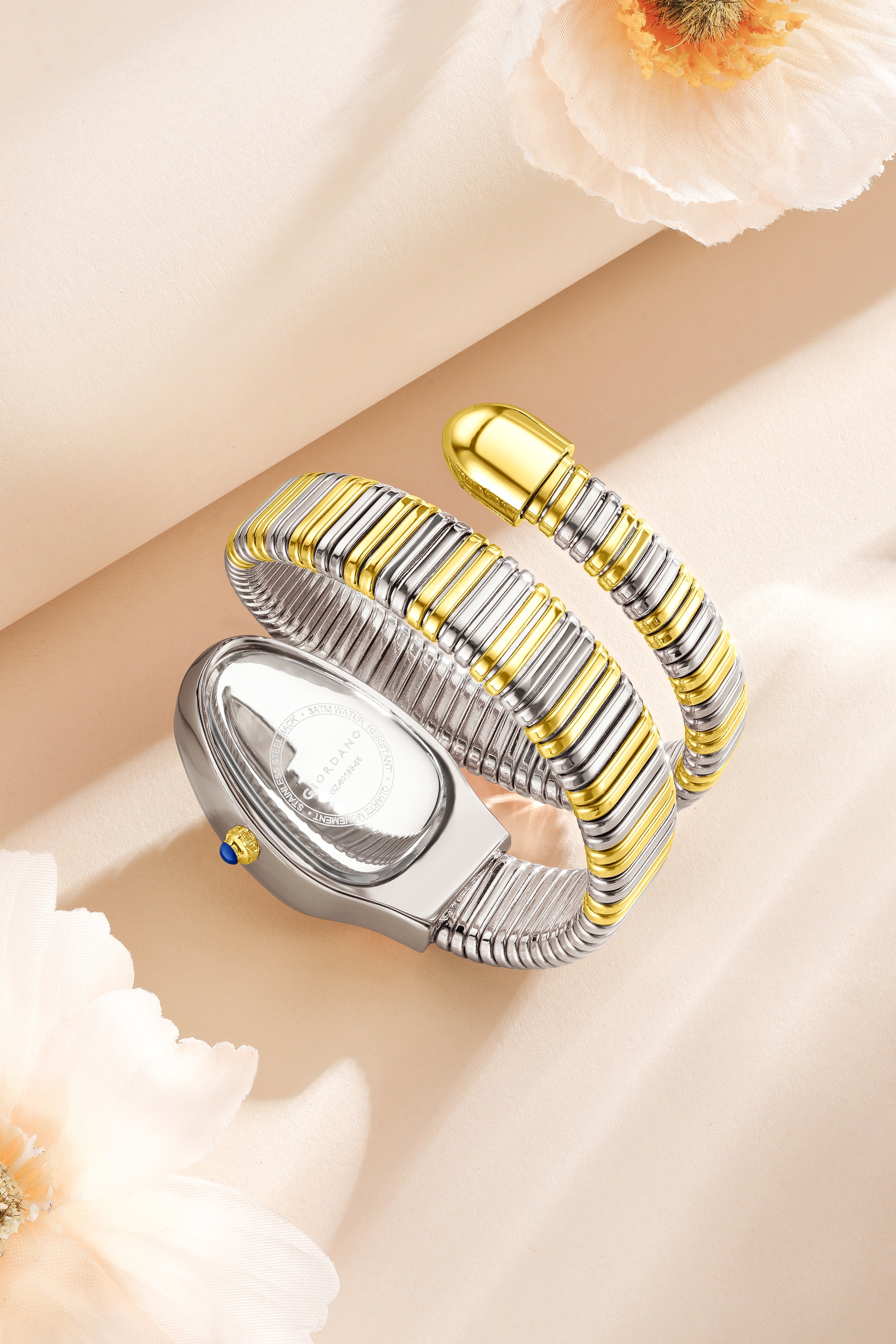 Giordano Serpentine Collection Analog Quartz Watch for Women with White Geometric-Textured Dial, Crystal-Studded Bezel, Roman Numerals & Snake-Style Wrap-Around Stainless Steel Strap - GZ-60189-55