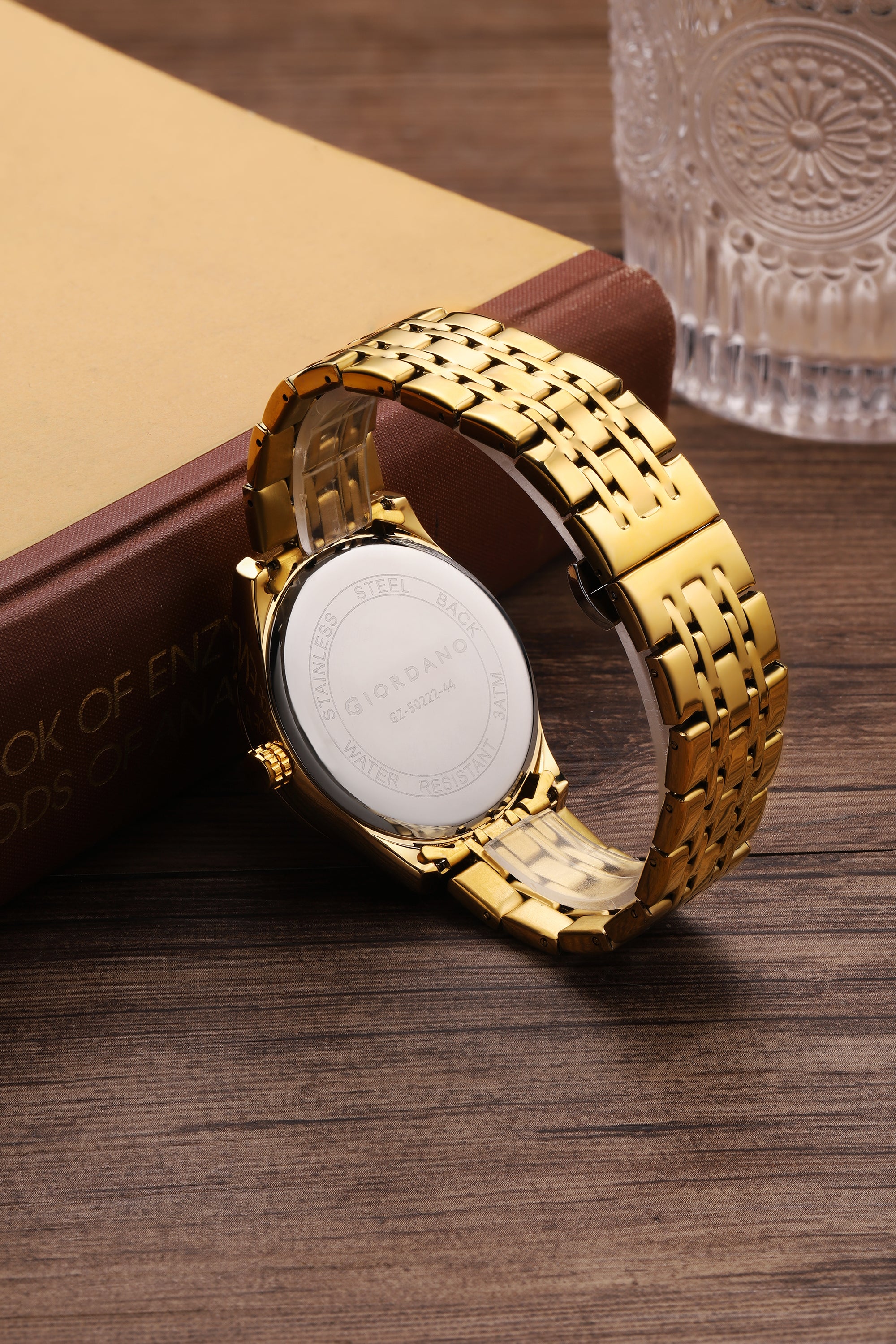 Giordano Analog Watch for Men with Round Gold Dial, Gear-Inspired Design, Date Display & Stainless Steel Strap GZ-50222-44