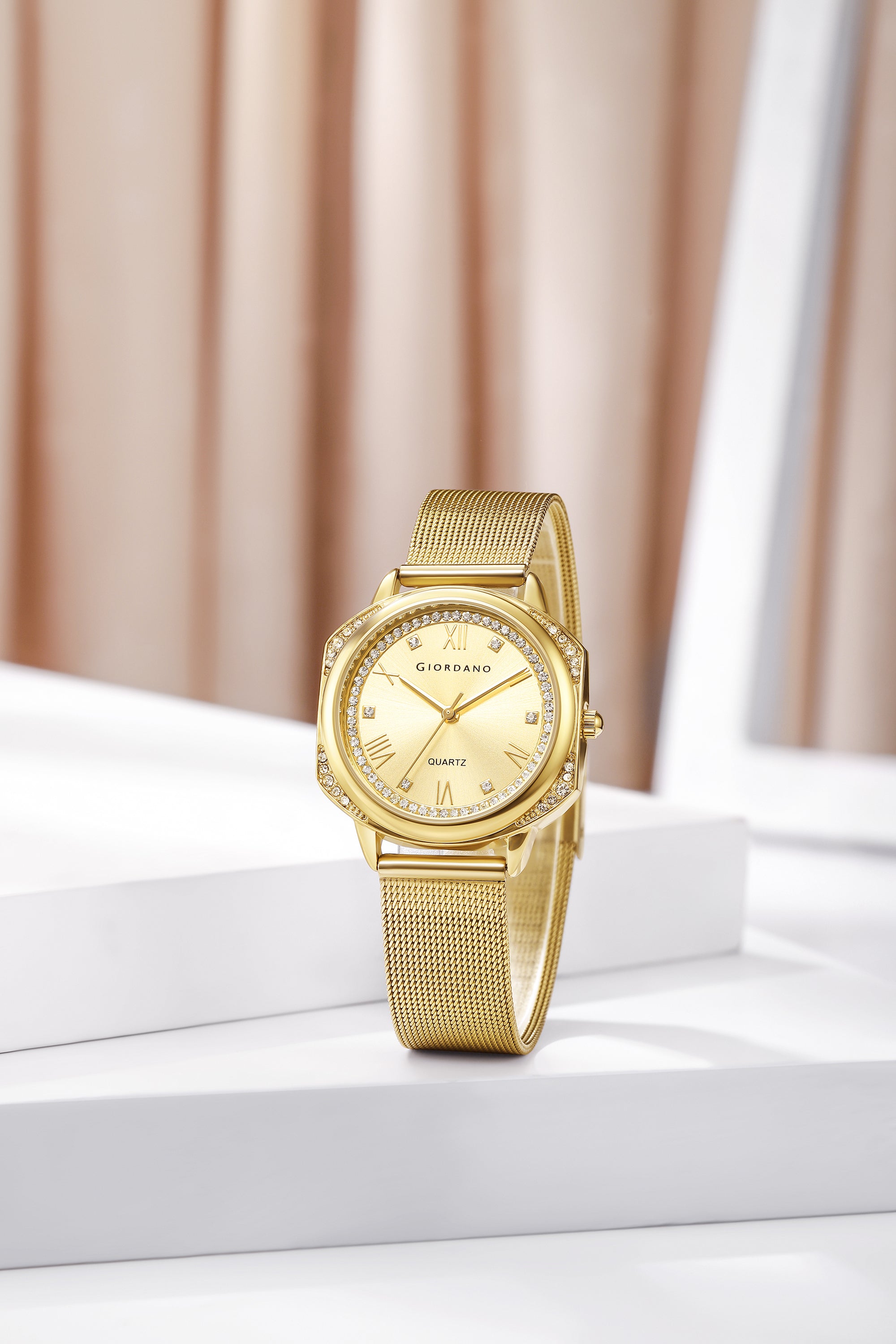 Giordano Gold Analog Quartz Watch Gift Set for Women – 3 Piece Combo with Mesh Strap, Roman Numeral Crystal Studded Dial, Pendant Necklace & Bangle Bracelet, Fashion Jewelry Set - GZ-60183-11
