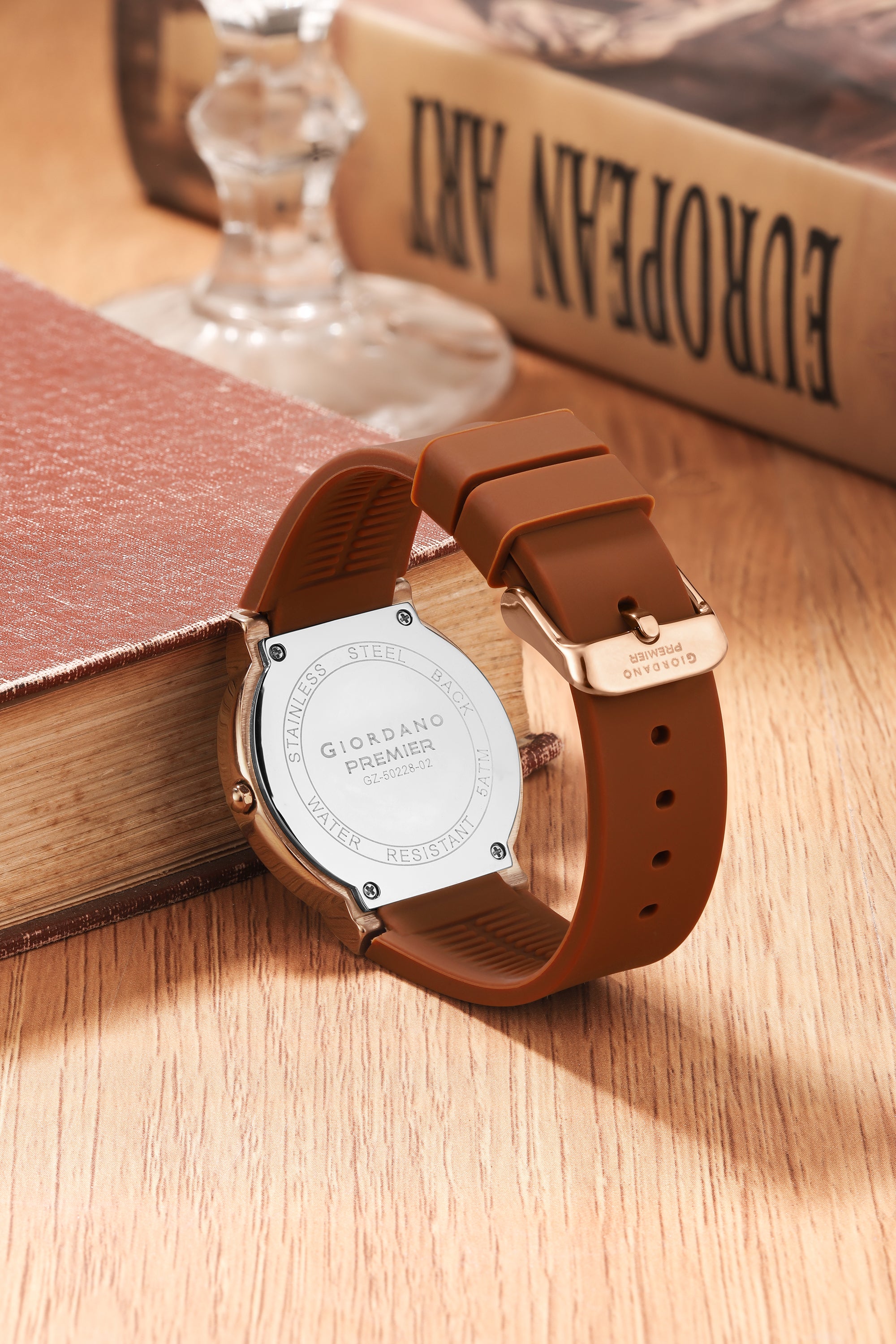 Giordano Premier Analog Quartz Watch for Women with Round Brown Dial, Crystal Studded Bezel, Date Display, Rose Gold Case & Brown Silicone Strap - GZ-50228-02