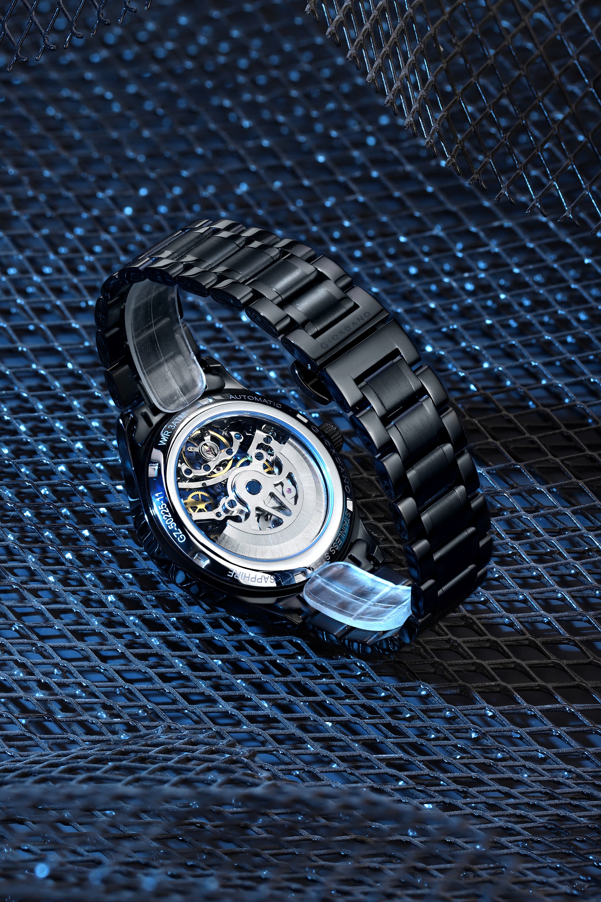 Giordano Automatic Watch for Men with Skeleton Round Black Dial, Luminous Hands and Markers, Black Stainless Steel Strap - GZ-50225-11