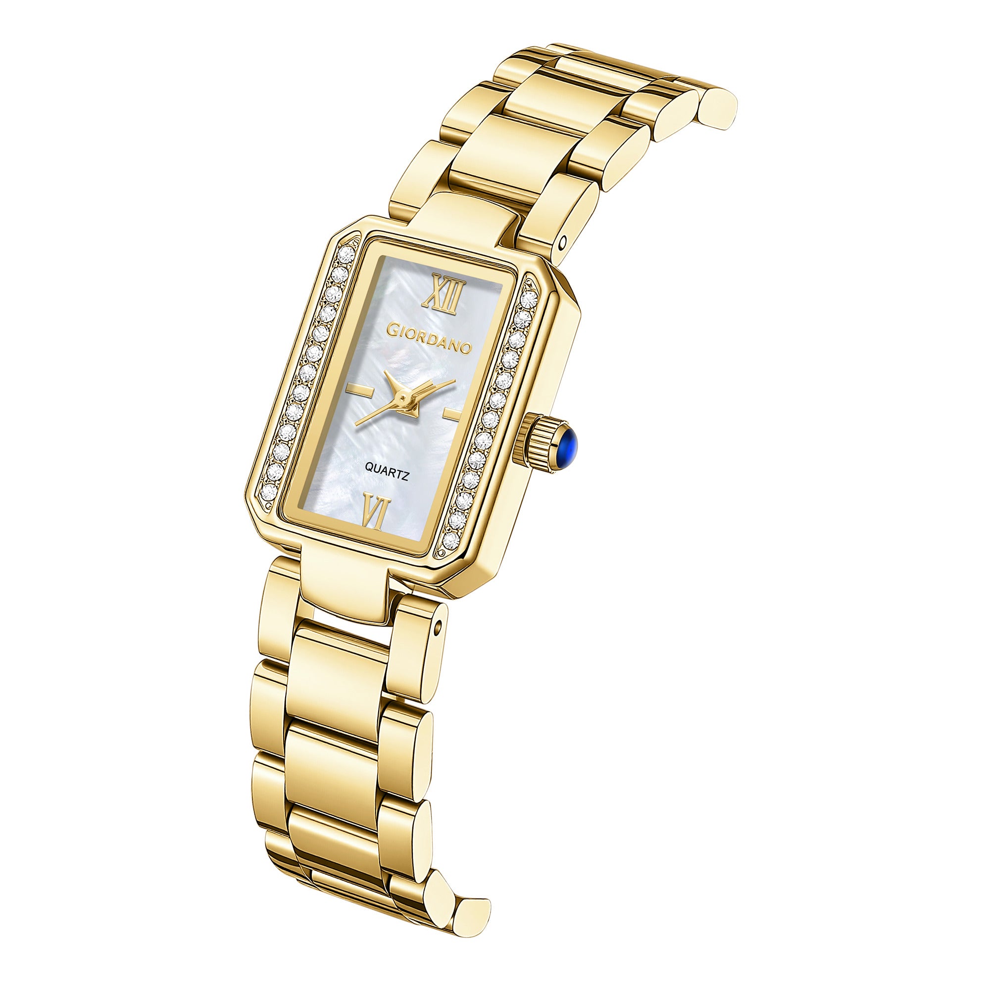 Giordano Analog Quartz Watch for Women with sunray Rectangle White Dial, Roman indices, Crystal studded bezel, Blue Crown, Gold Stainless Steel Strap - GZ-60167-11