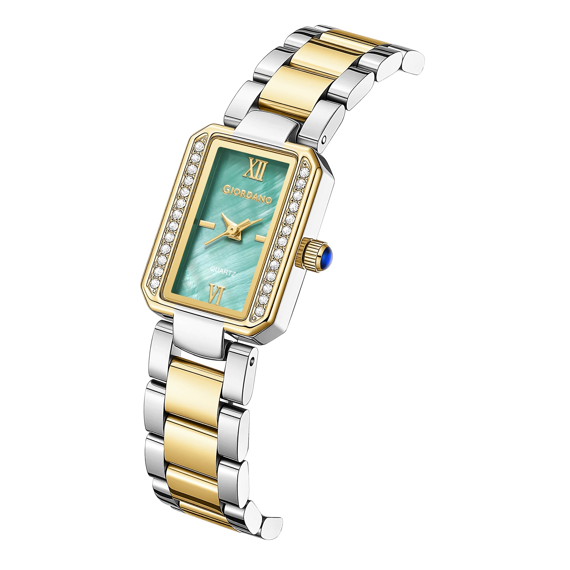 Giordano Analog Quartz Watch for Women with sunray Rectangle Green Dial, Roman indices, Crystal studded bezel, Blue Crown, Silver and Gold Stainless Steel Strap - GZ-60167-33