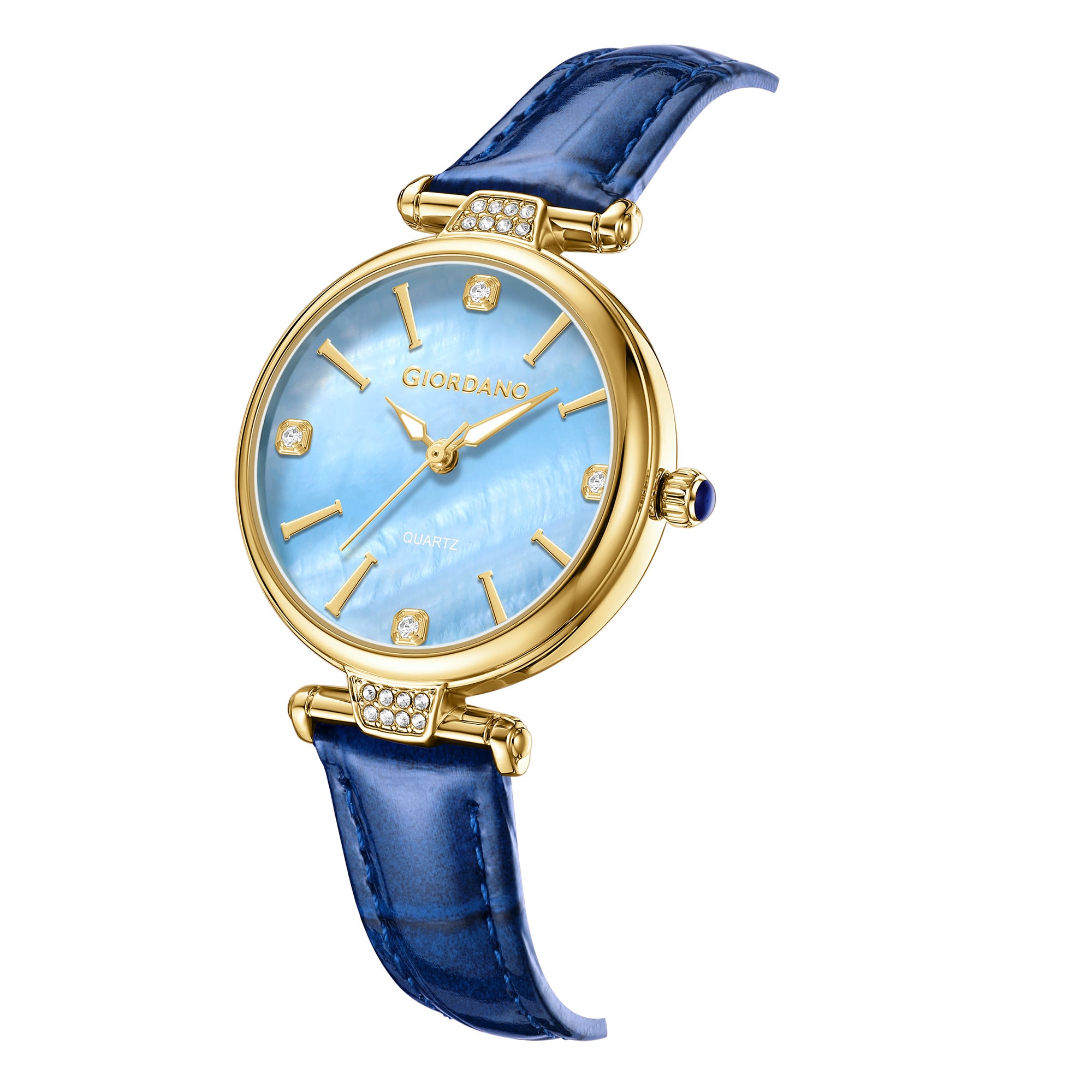 Giordano Analog Quartz Watch for Women with sunray Round Blue Dial, Blue Crown, Luminos hands and Crystal hour markers, Blue Leather Strap - GZ-60161-05