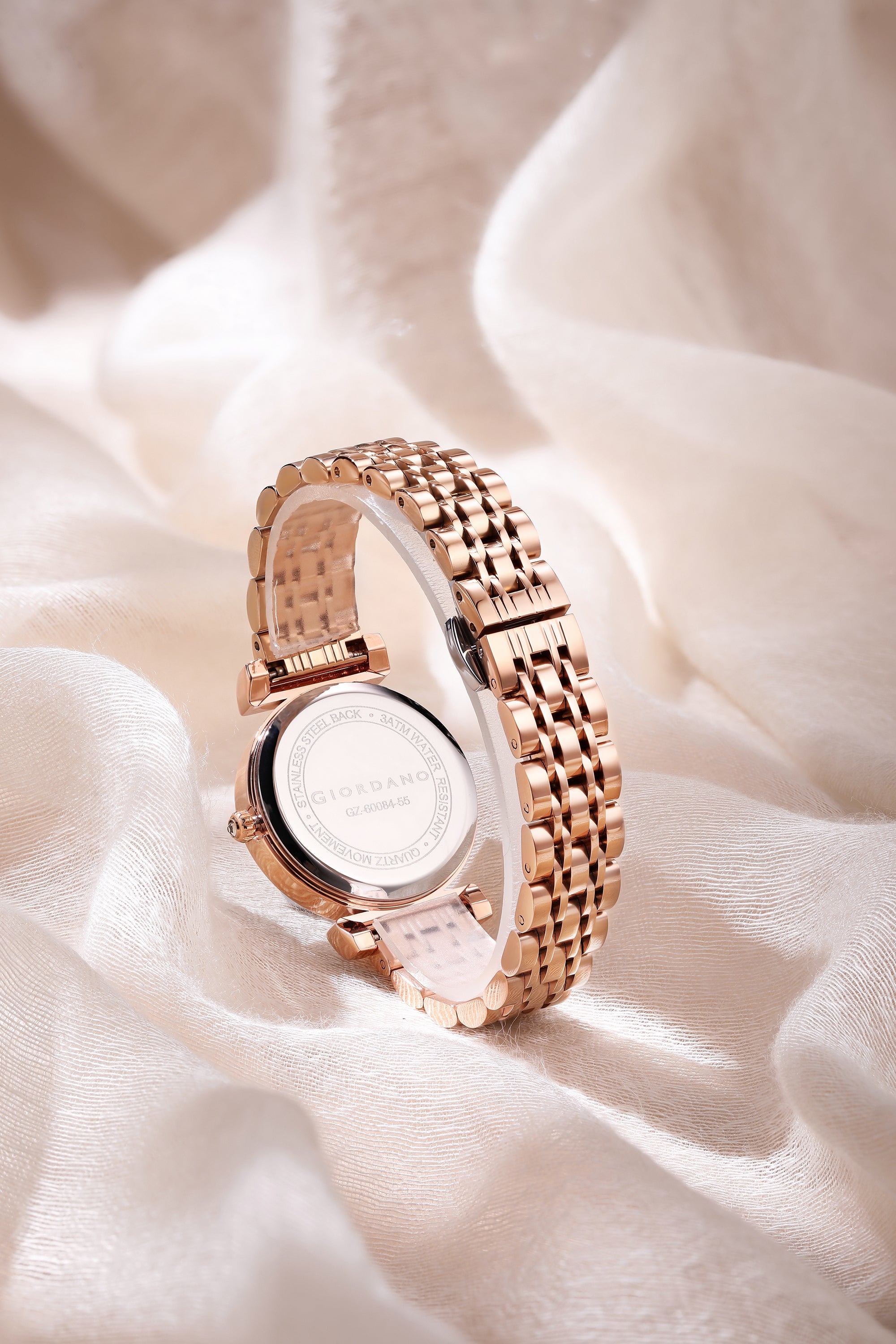 Giordano Analog Quartz Watch for Women with Silver Round Sunray Dial, Crystal Hour Markers, Crystal-Studded Bezel and Rose Gold Stainless Steel Strap - GZ-60084-55