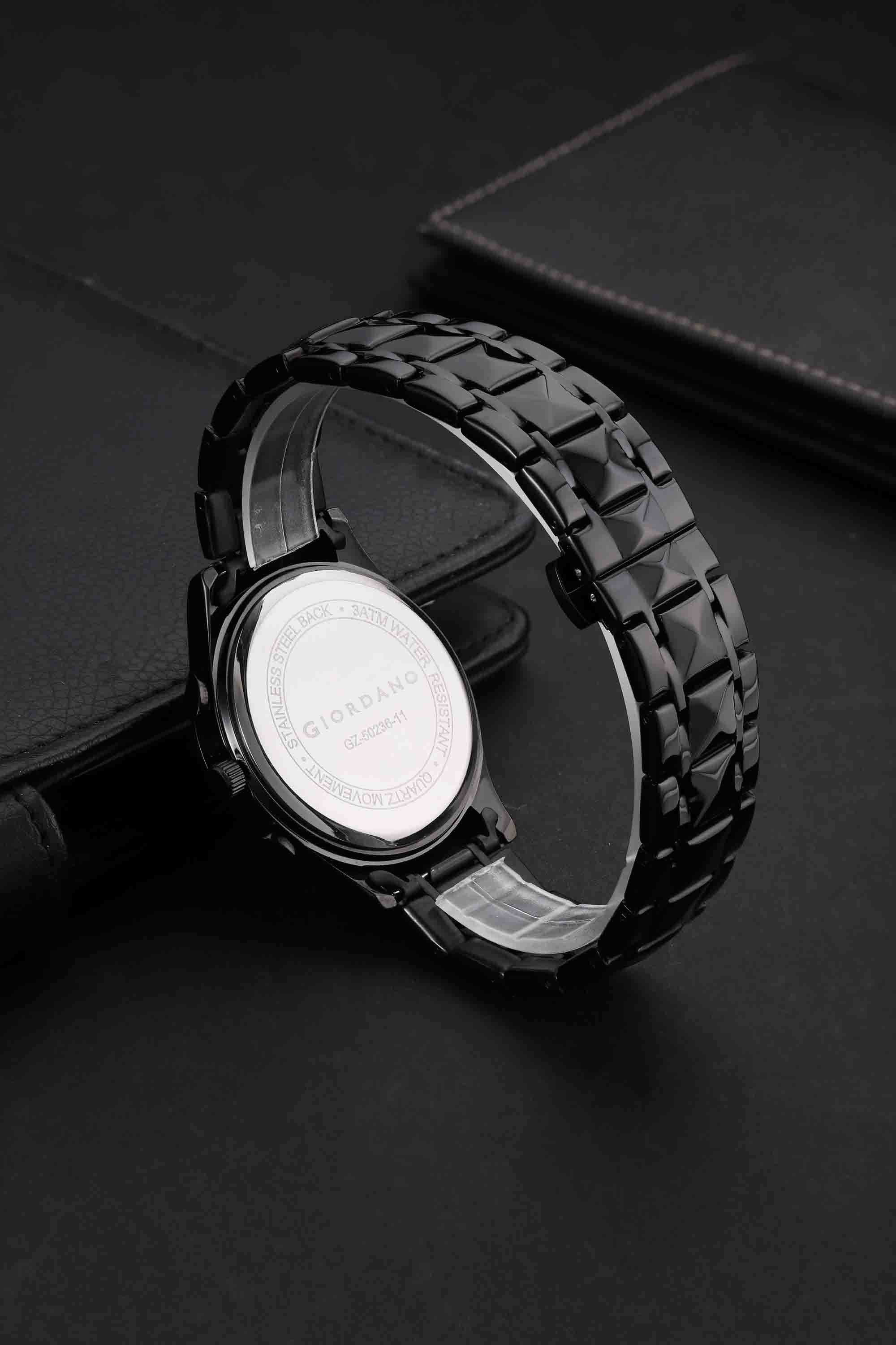 Giordano Chronograph Analog Quartz Watch for Men with Black Dial, Multifunction Subdials, Sun Moon Display, Crystal Hour Markers, Roman Numerals, Black Stainless Steel Strap - GZ-50236-11