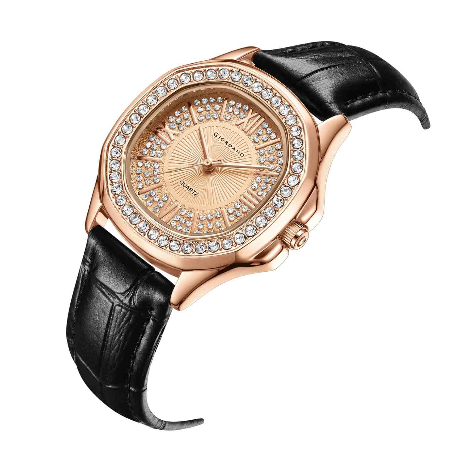 Giordano Luxury Analog Watch for Women with Crystal-Studded Bezel & Leather Strap – Octagonal Case, Elegant Quartz Wristwatch GZ-60141-11