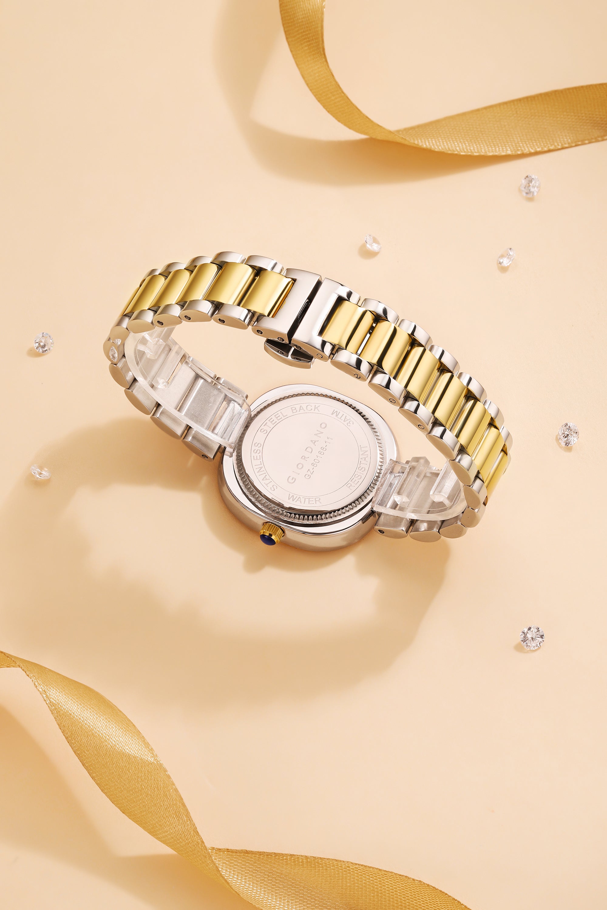 Giordano Analog Quartz Watch for Women with Bangle Square White Dial, Blue Crown, Crystal Studded Hour Markers and Bezel, Silver and Gold Stainless Steel Strap - GZ-60166-11