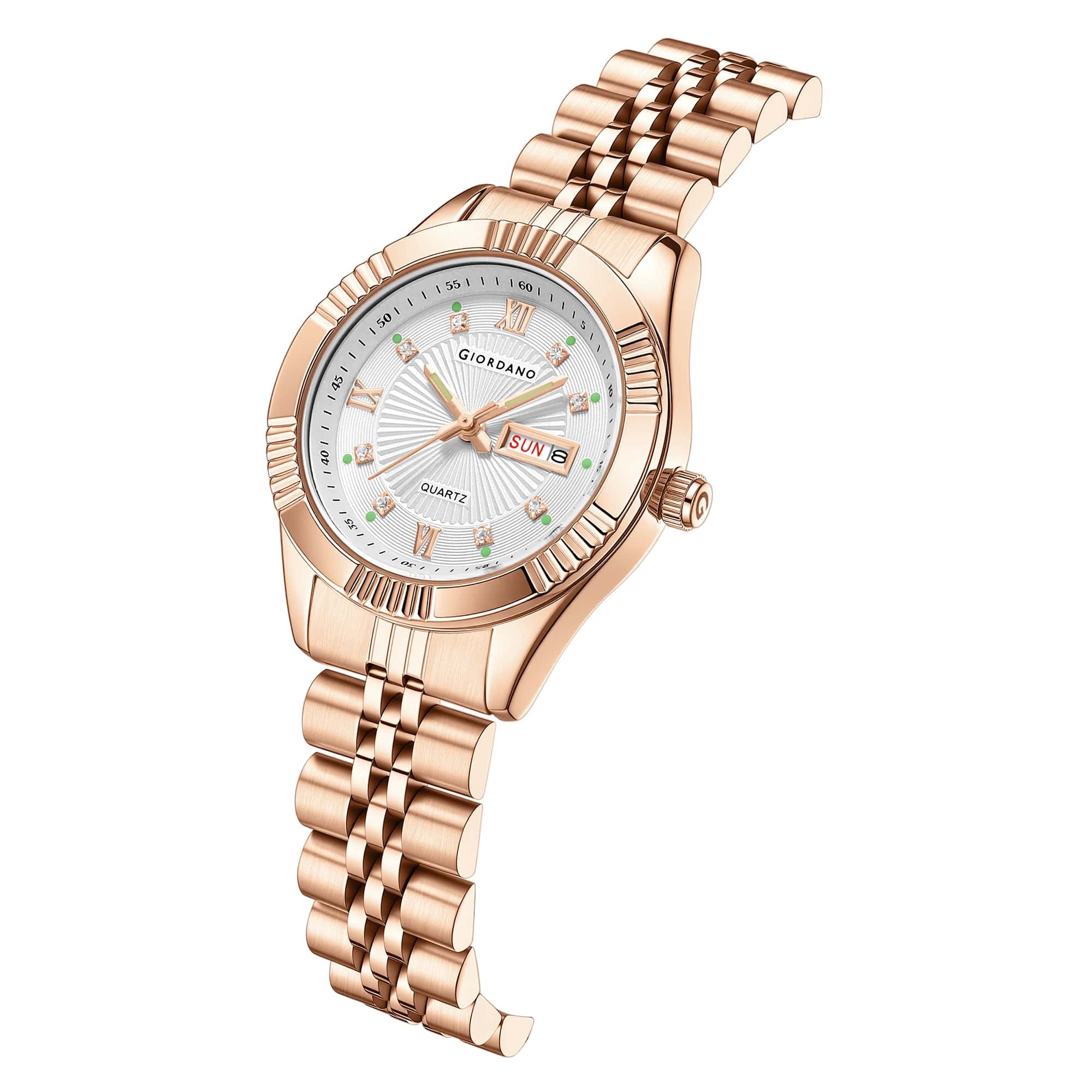 Giordano Analog Quartz Watch for Women with Day & Date Display, Textured Dial, Diamond Hour Markers, Roman Numerals Stainless Steel Strap - GZ-60172-55