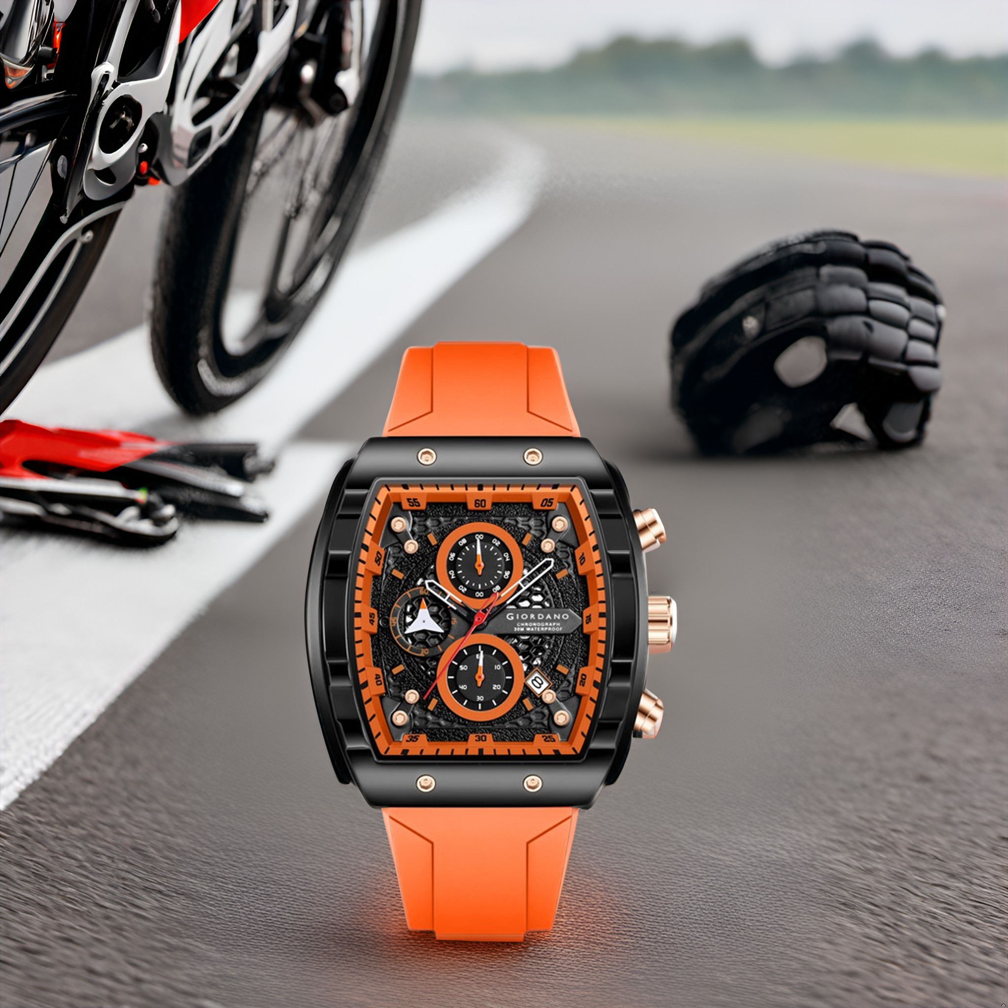 पुरुषों के लिए जियोर्डानो ऑरेंज स्क्वायर डायल मल्टीफ़ंक्शनल वॉच आकर्षक डिज़ाइन, वॉटरप्रूफ, डेट डिस्प्ले और सिलिकॉन स्ट्रैप GZ-50123-02 के साथ