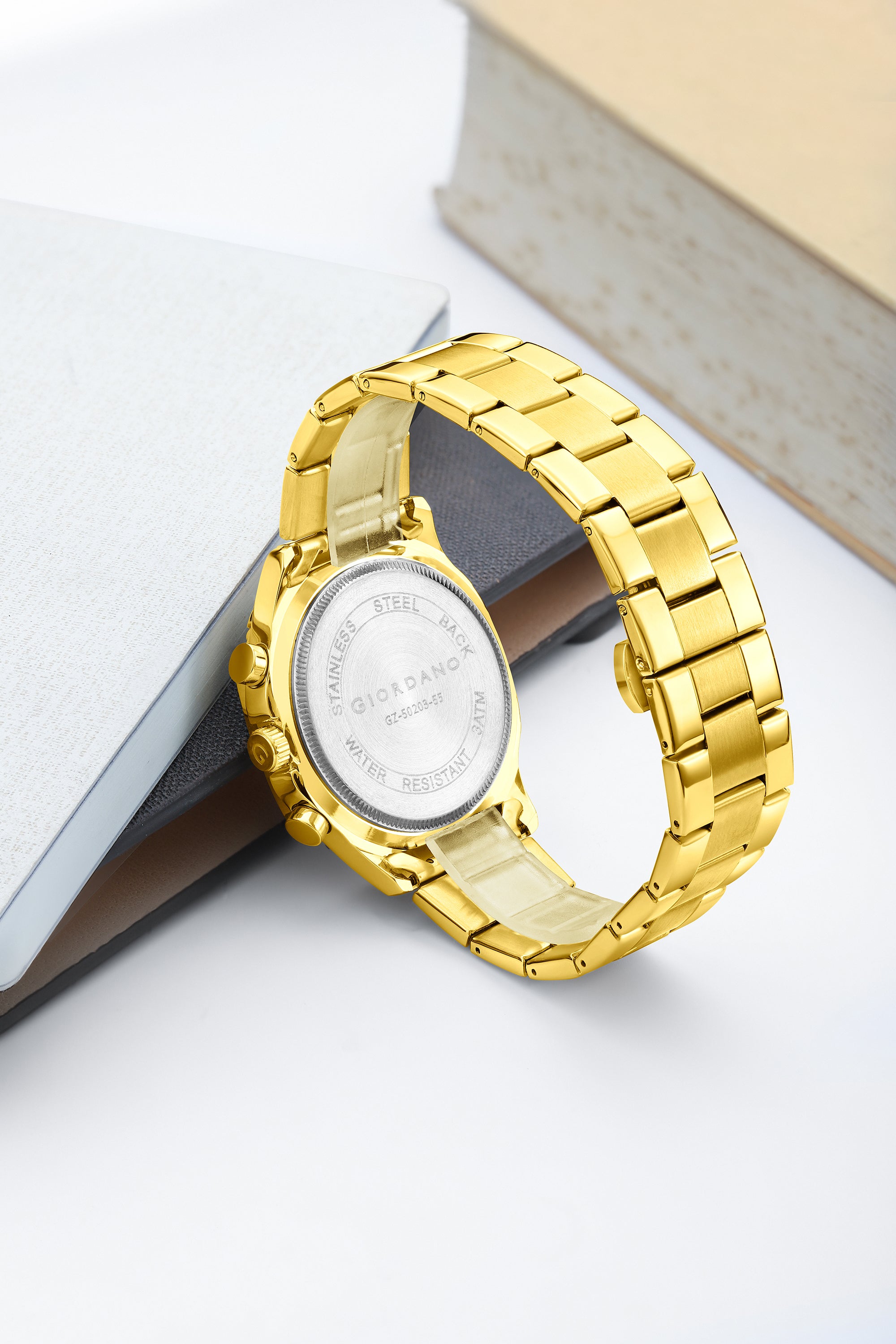 Giordano Analog Watch for Men with Chronograph Subdials, Round Gold Dial Date Window, Quartz Movement Silver Stainless Steel Strap GZ-50203-55